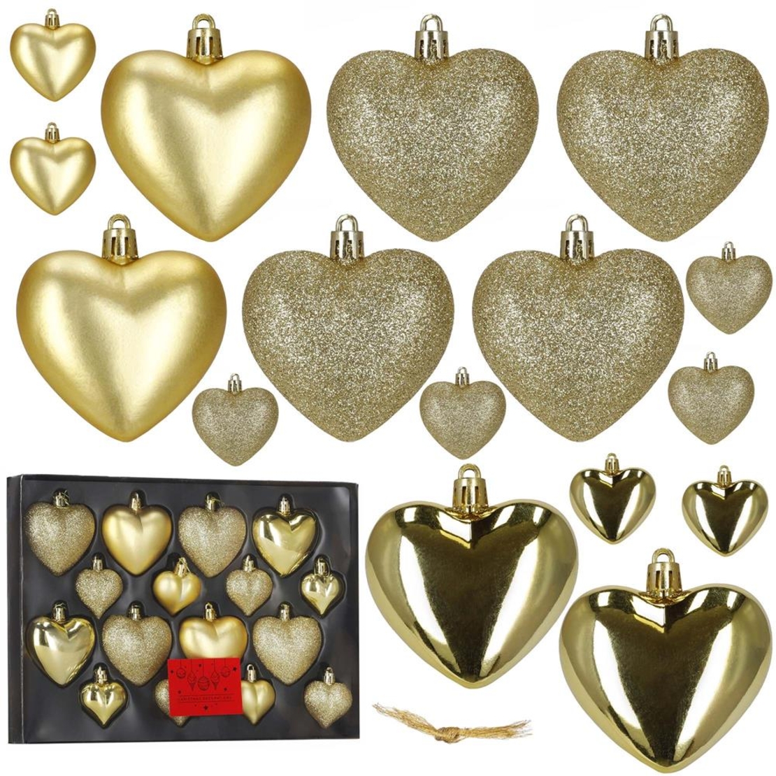 Set globuri decorative in forma de inima, 16 bucati, plastic, 4-7 cm, auriu