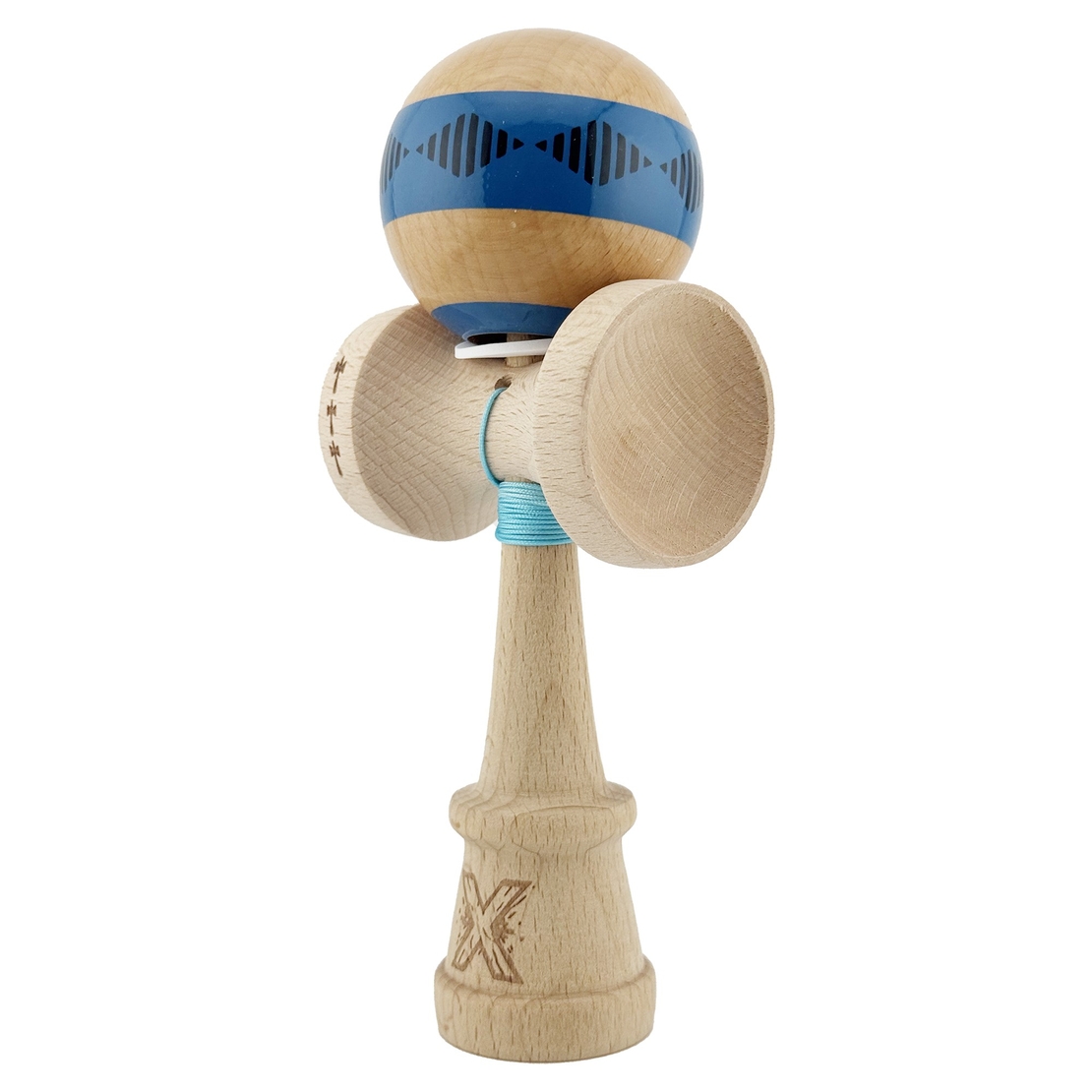 Kendama X Originala FREQUENCY, Profesionala, Flippy, Cupe Mari KING SIZE V3, Super Sticky, Gaura in Baza, Rulment Metalic, din lemn 18 cm, Ata 62/65 cm, Albastru/Maro
