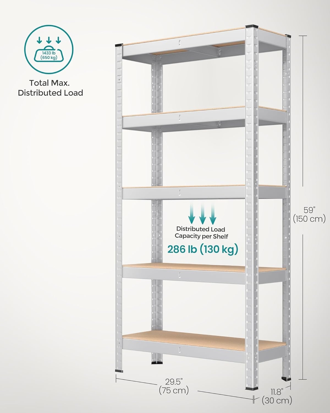 SONGMICS Raft cadru metalic modular pentru depozitare, 5 polite, 150x75x30cm, sarcina 650 kg, argintiu