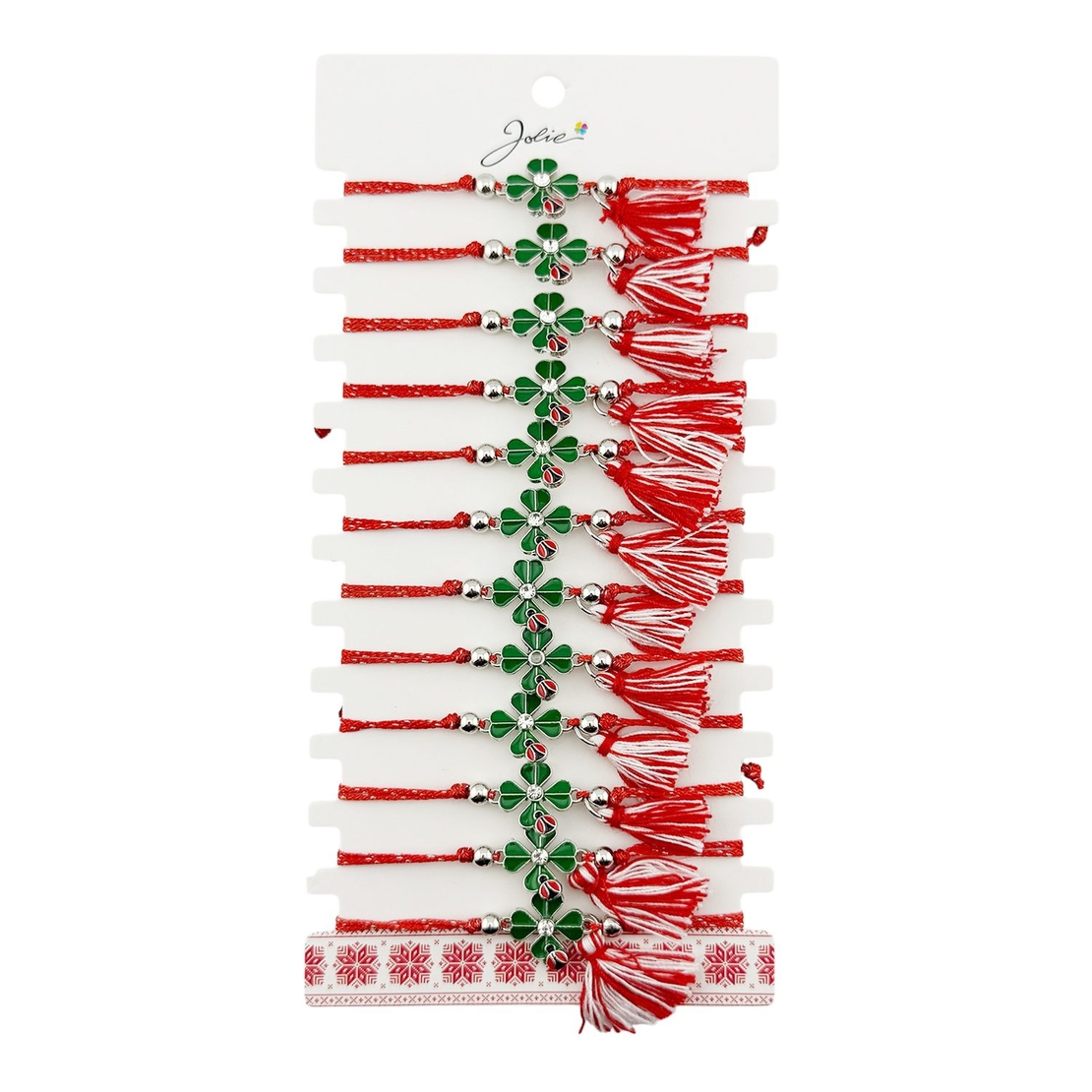 Martisor Bratara cu Ciucure pentru Dama, Jolie, Model Trifoi Verde cu Buburuza, Set 12 bucati, Pandativ din Inox cu Piatra, Snur Reglabil, Rosu/Alb