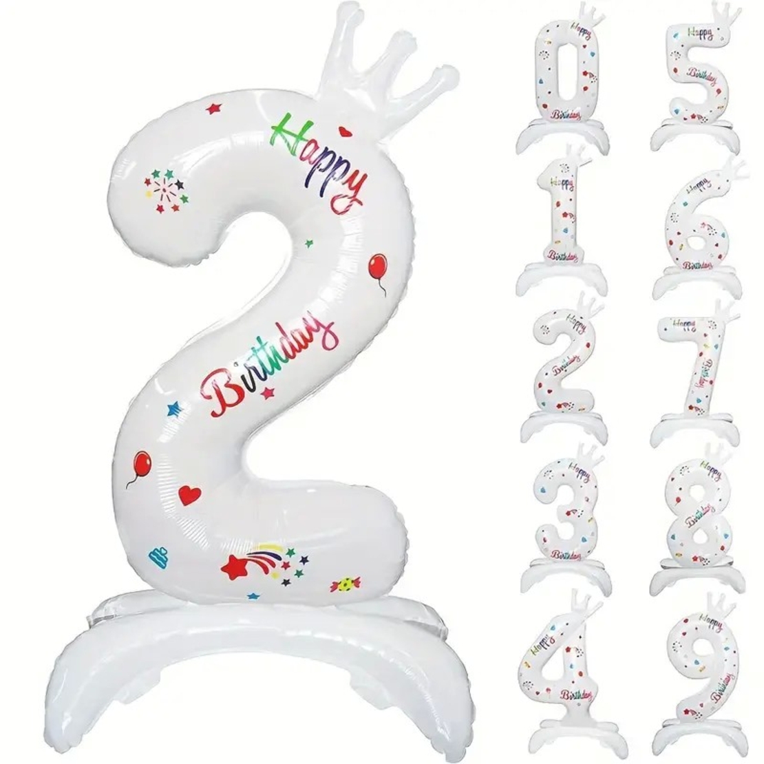 Balon din Folie Metalizata, Flippy, Figurina Cifra, Model 2 cu Happy Birthday Scris, Tema Aniversare 81 cm, Ambalaj Individual, Pai Inclus, Umflare cu Aer sau Heliu, Alb