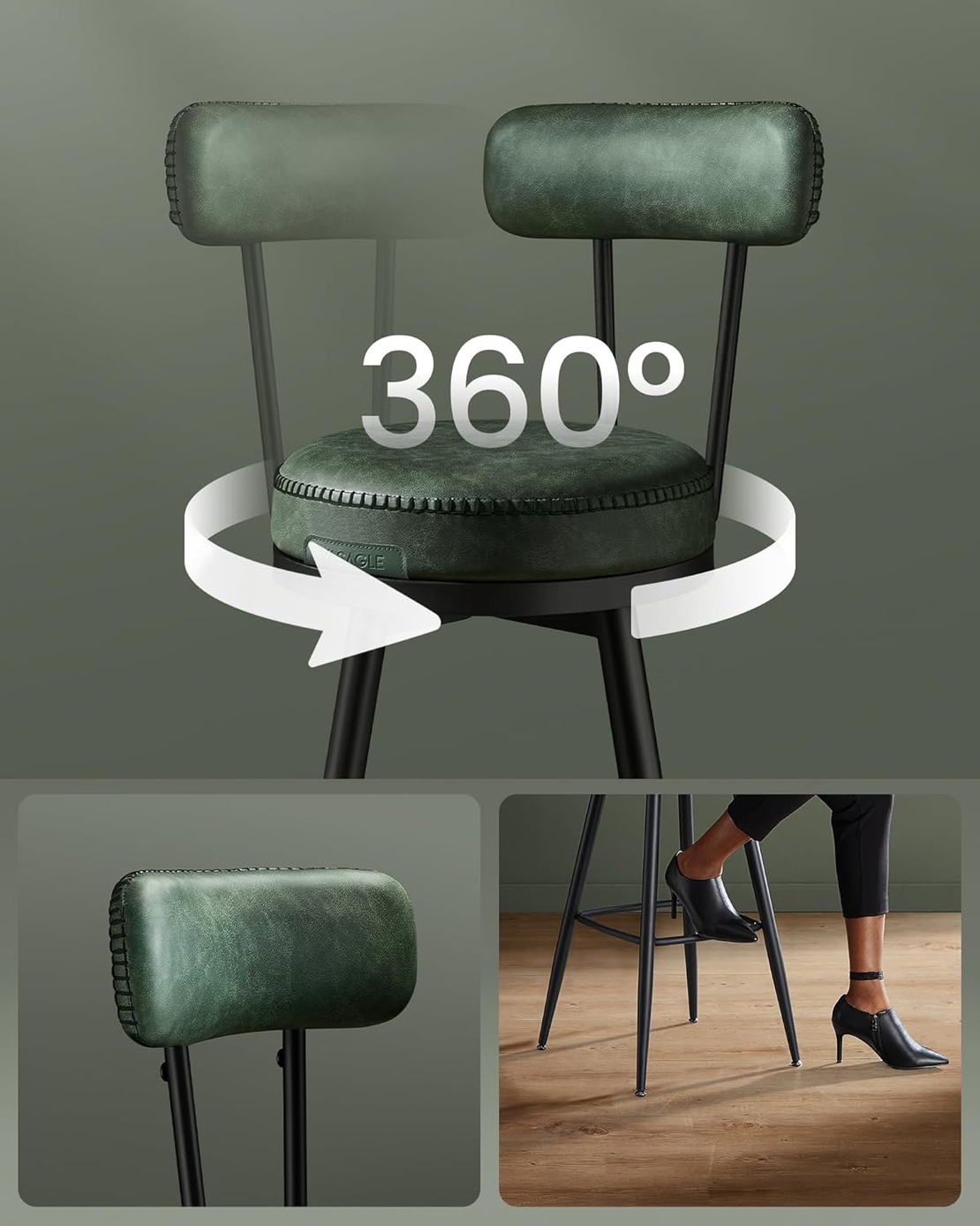 VASAGLE set 2 scaune de bar rotative 360°, cu spatar, inaltime 101 cm, piele sintetica, cadru otel, stil modern, verde
