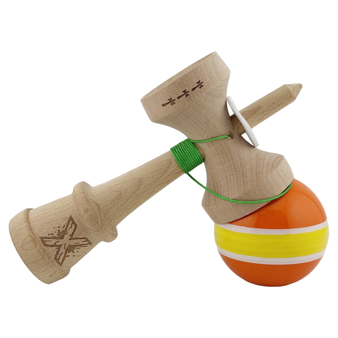 Kendama X Originala, Profesionala, Flippy, Super Sticky cu Cupe Mari KING SIZE V3, Gaura in Baza, Rulment Metalic, din lemn 18 cm, Ata 62/65 cm, Special Portocaliu/Galben