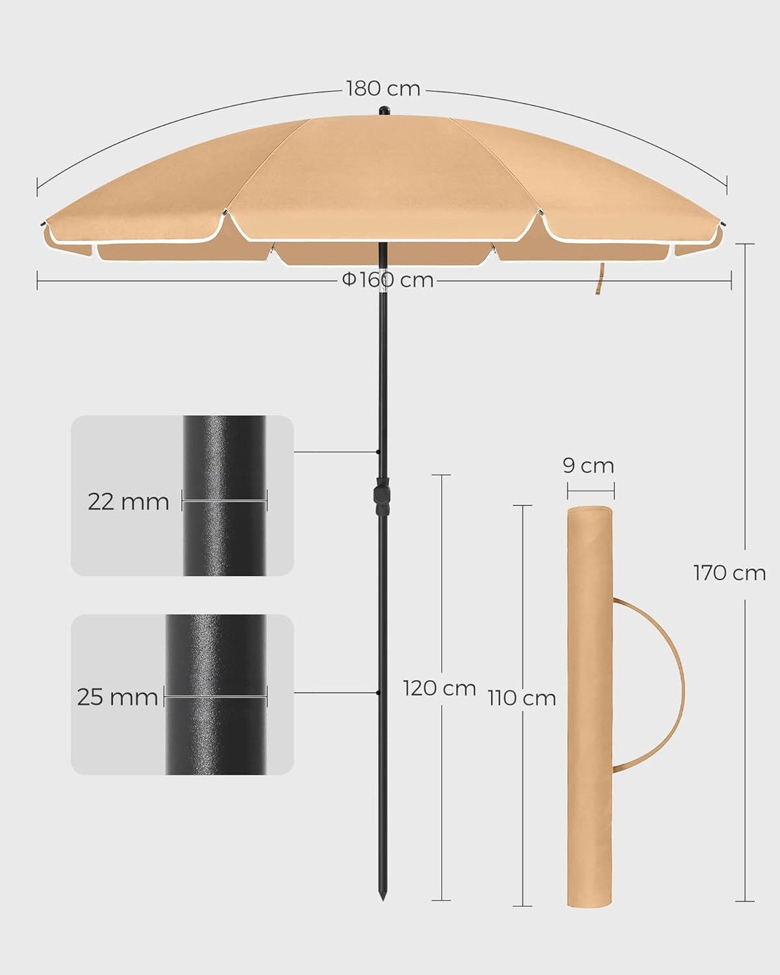 SONGMICS Umbrela terasa gradina sau plaja, cu inclinare, husa, diametru 160cm, taupe