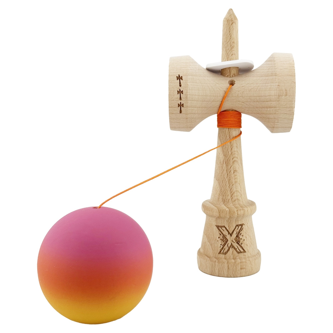 Kendama X Originala, Profesionala, Flippy, Rubber Grip, Cupe Mari KING SIZE V3, Gaura in Baza, Rulment Metalic, din lemn 18 cm, Ata 62/65 cm, Roz/Portocaliu/Galben