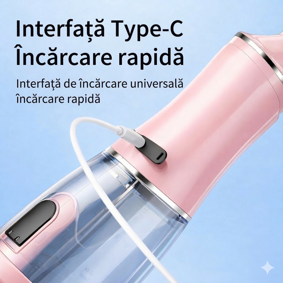 Irigator Bucal Electric, Flippy, Portabil, Dus Bucal pentru Curatare, Indepartare Tartru, 4 Capete, 25 x 8 x 8 cm, Roz