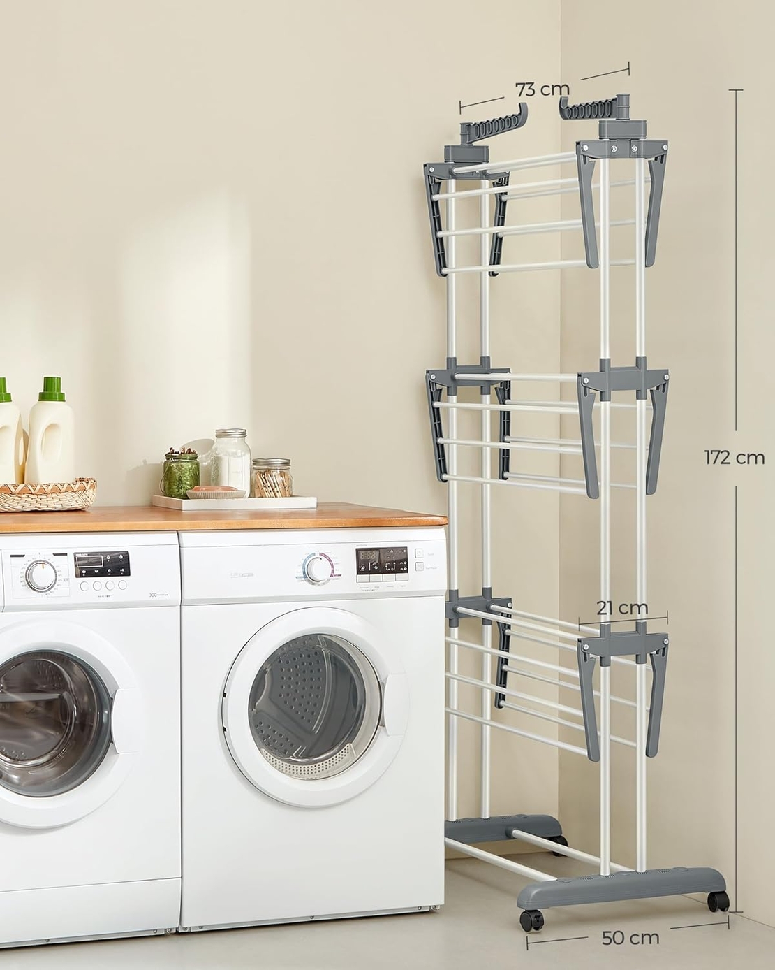 SONGMICS Uscator de rufe pliabil 4 niveluri, cu aripi laterale si roti, otel inoxidabil, 126x64x172 cm, alb