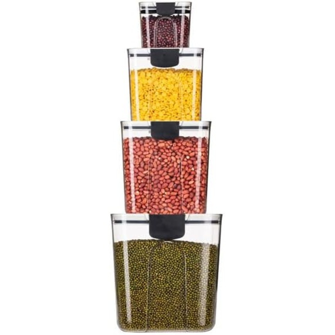 Set 4 Recipiente Depozitare Alimente, Flippy, pentru Organizare Bucatarie, cu Inchidere Ermetica, Transparent, Plastic fara BPA, Compatibile cu Masina de Spalat Vase, Diferite Dimensiuni, 350 ml, 1300 ml, 2700 ml, 4600 ml