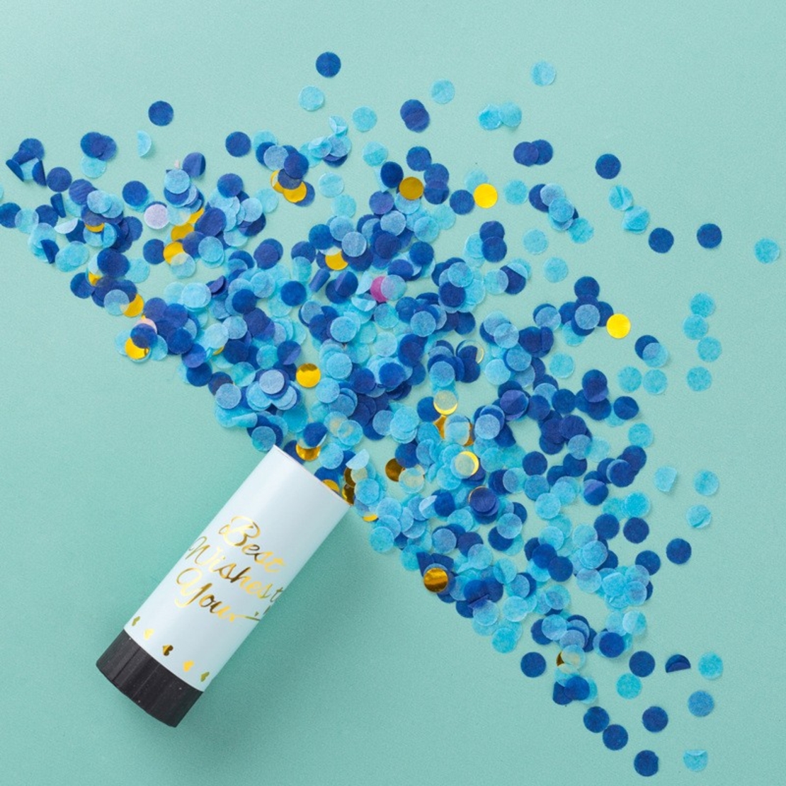 Tun de Confetti, Flippy, Best Wishes 11 x 4 cm, Model Buline din Hartie si Folie, Albastru