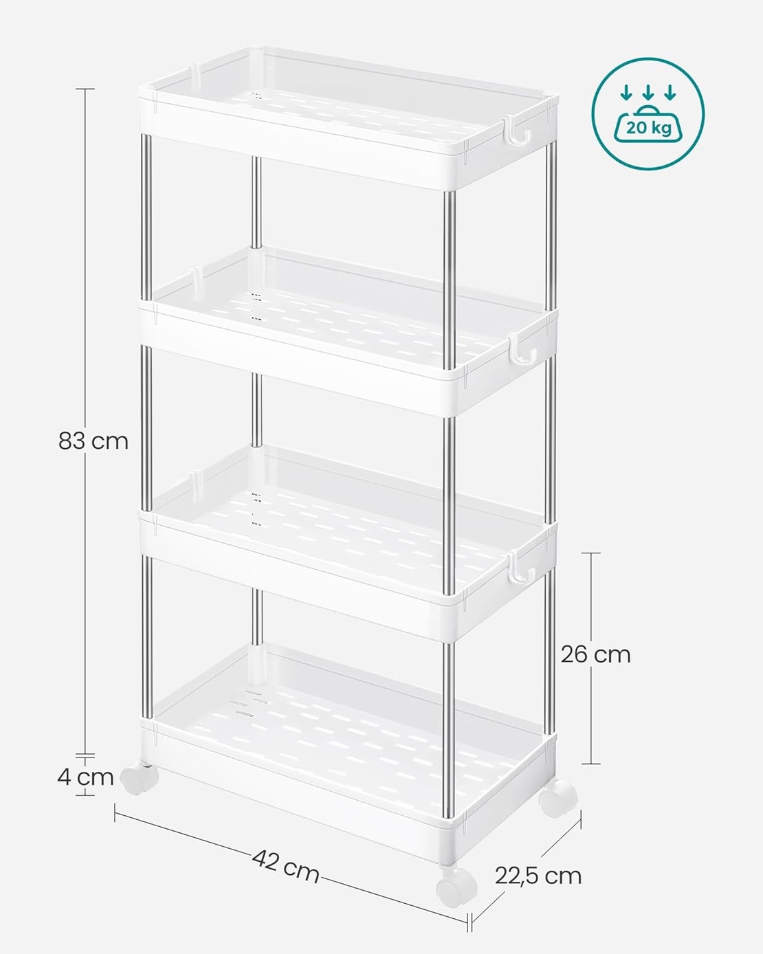 SONGMICS Carucior de depozitare mobil cu roti, pe 4 niveluri, 40x22x87 cm, alb
