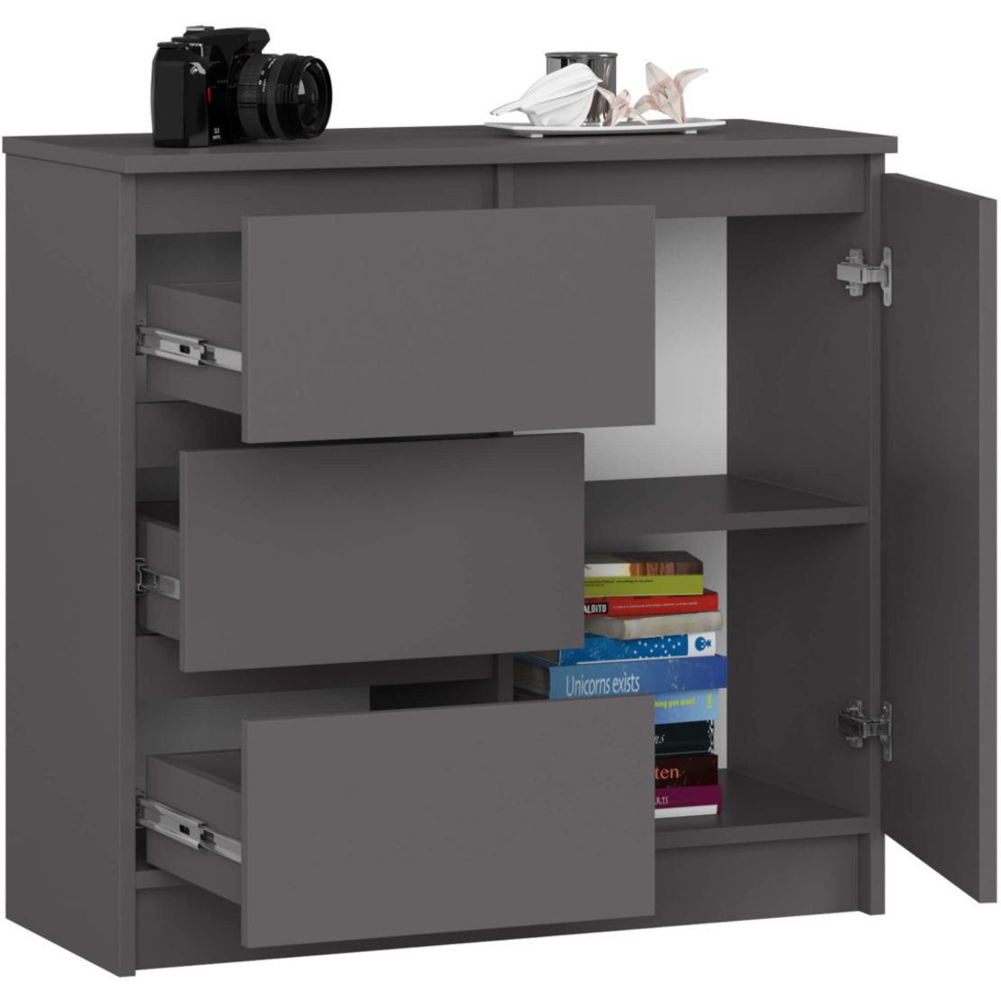 Comoda JERRY cu 3 sertare si dulap cu rafturi, PAL laminat, 80x35x77 cm, gri grafit