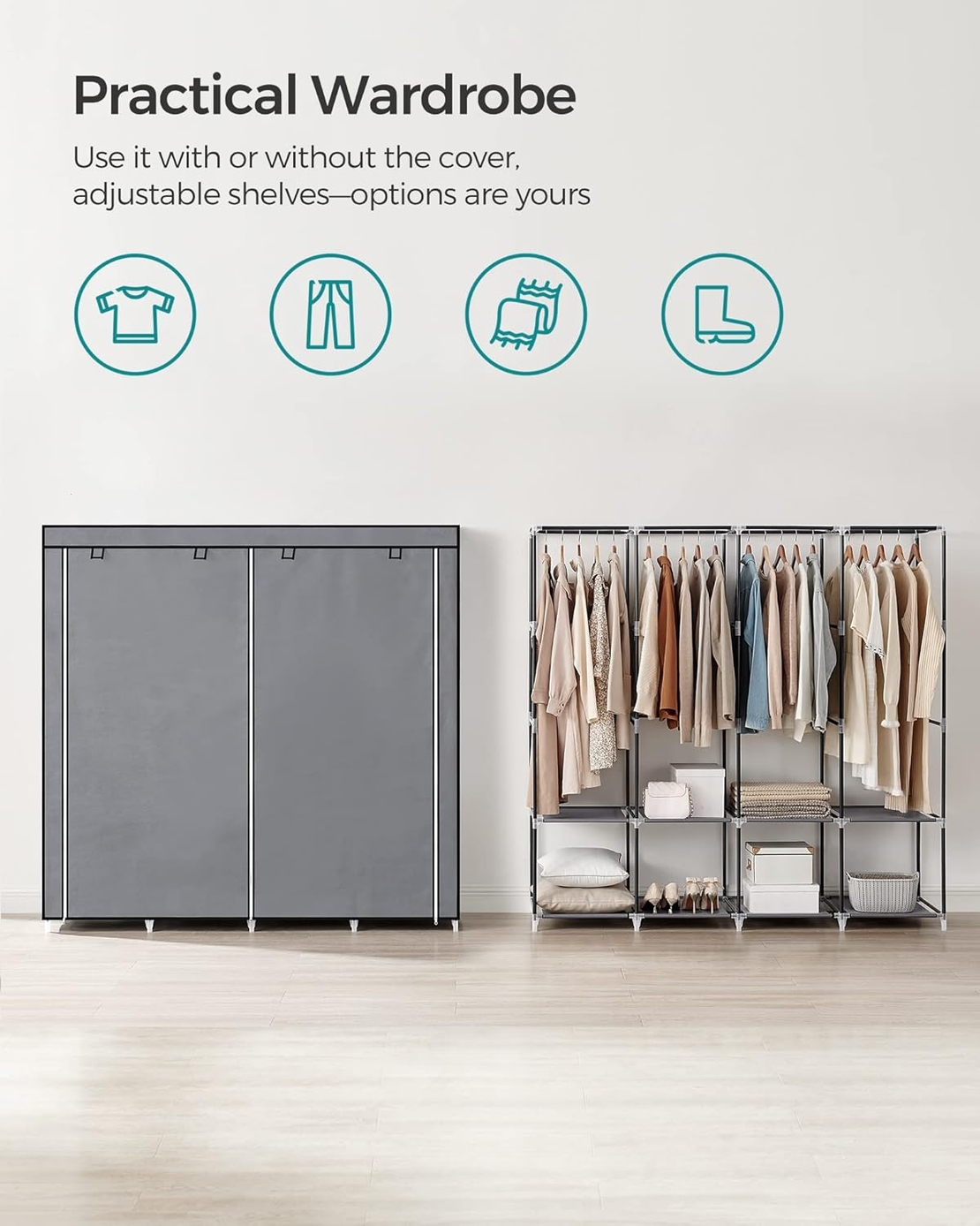 SONGMICS Garderoba din material textil, dulap portabil, cu rafturi si sina de agatat, 170x45x167cm, gri