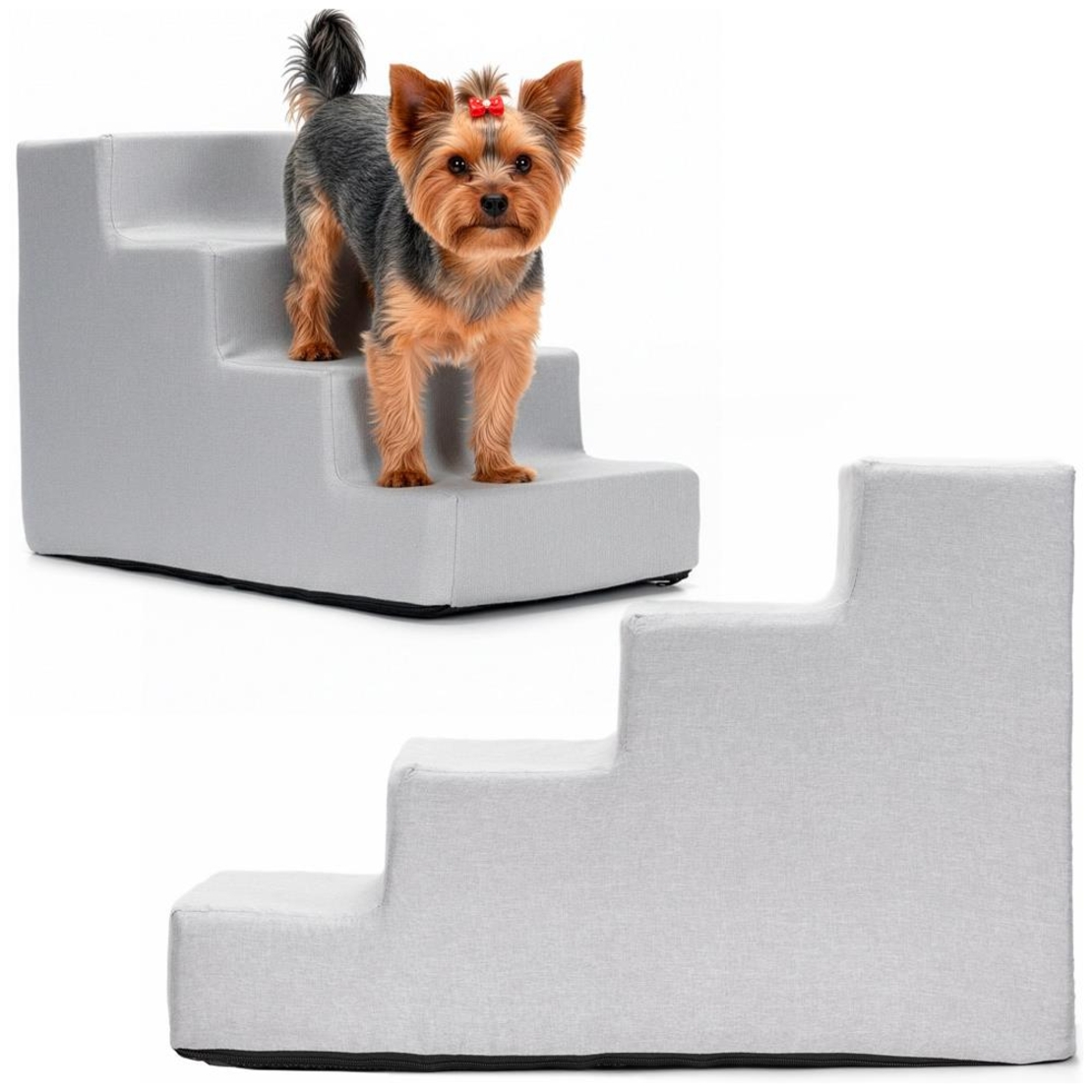 Scara pentru animale de companie, caini sau pisici, 4 trepte, antiderapanta, husa detasabila, inaltime 40 cm, gri deschis