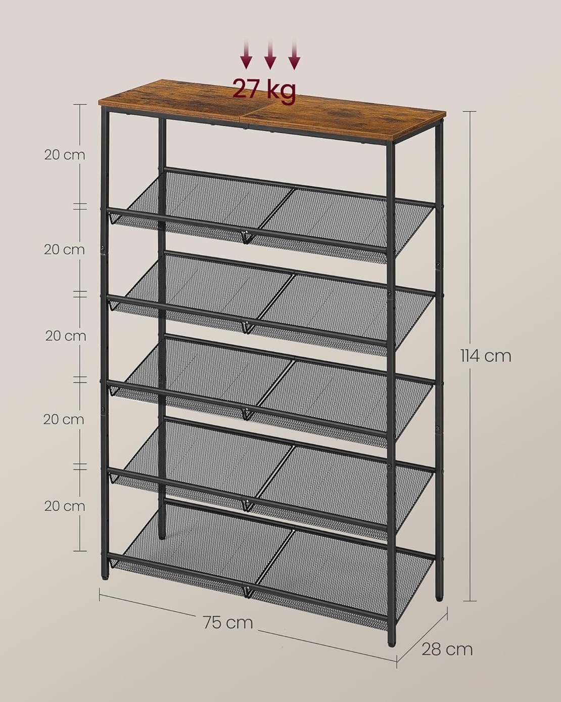 VASAGLE Etajera pantofi 6 niveluri, rafturi metalice reglabile, blat din PAL, stil industrial, 75x28x114 cm, maro rustic