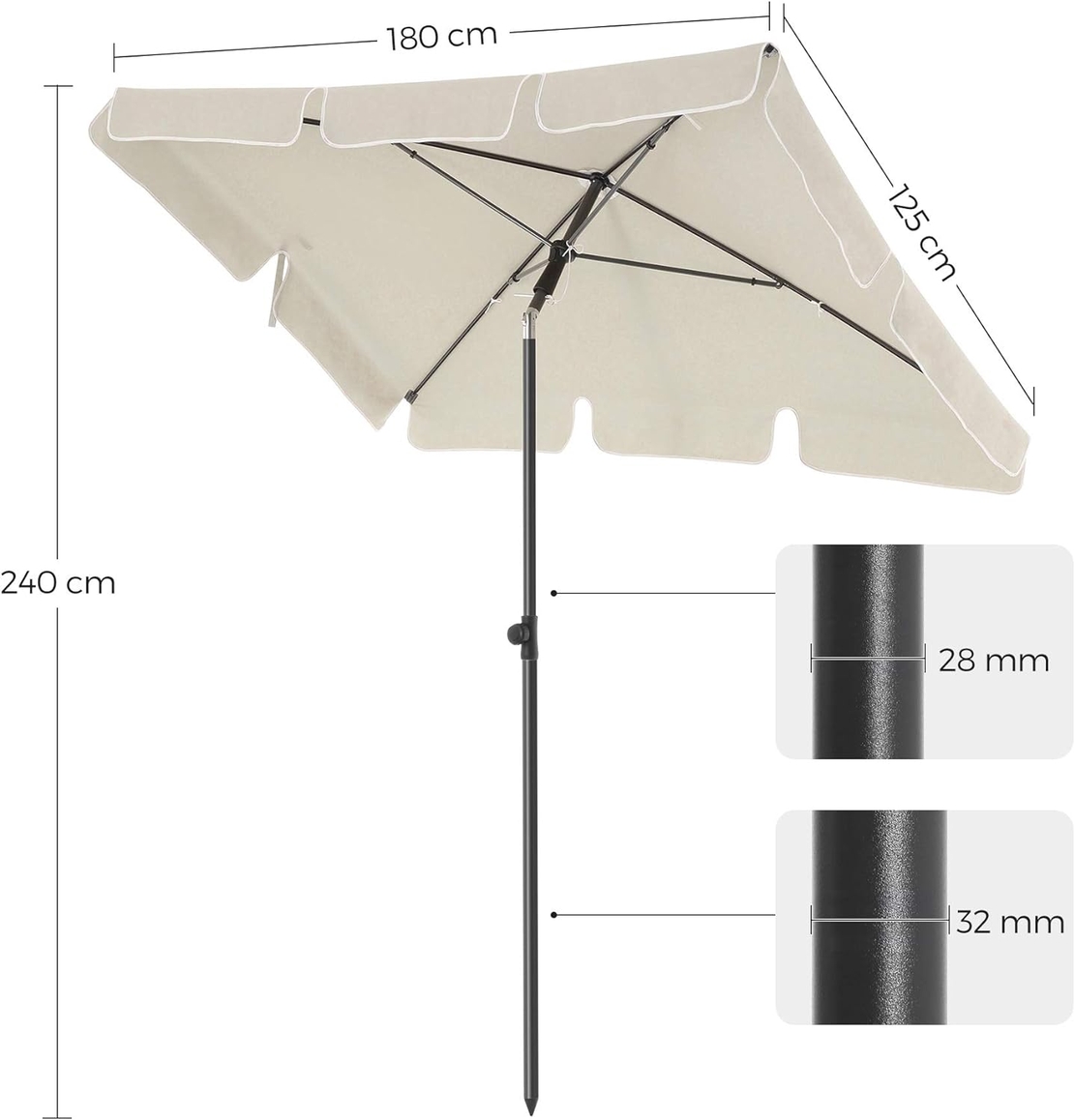 SONGMICS Umbrela terasa gradina sau plaja, inclinare 2 directii, protectie UV UPF 50+, 180x125 cm, bej