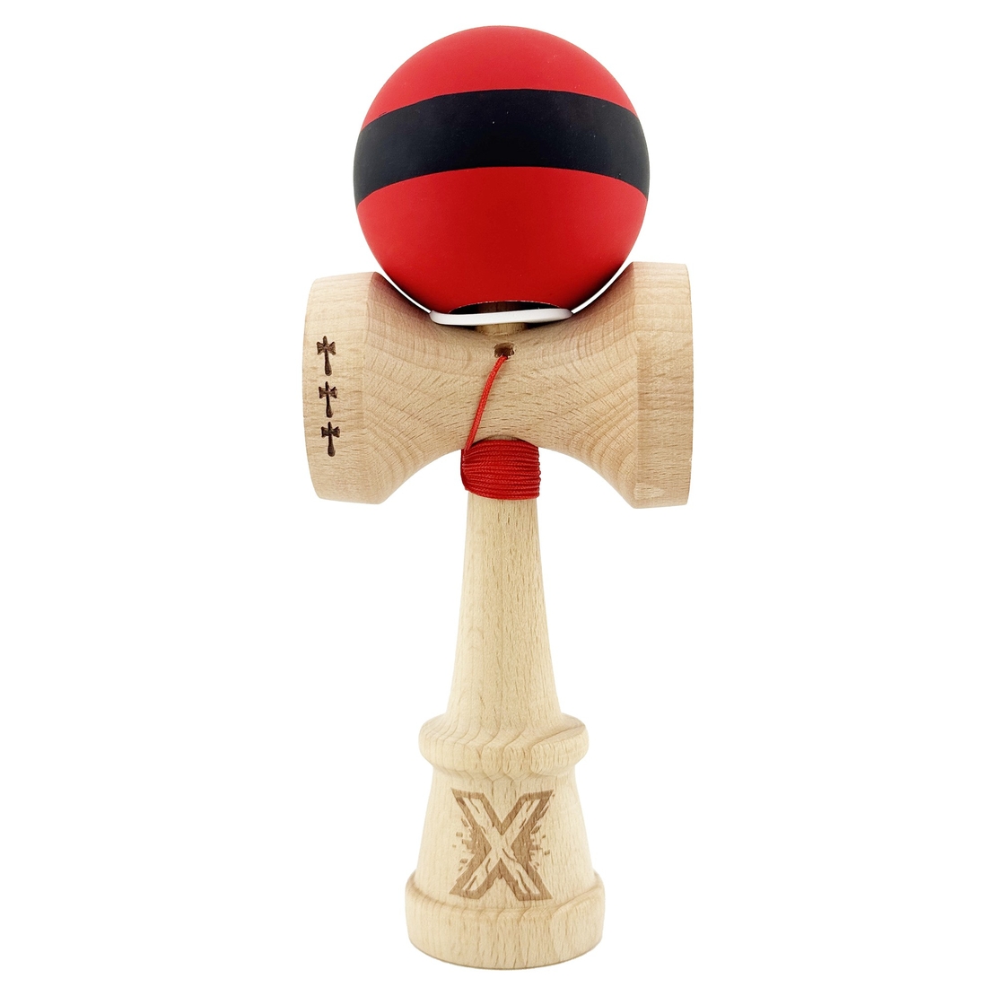 Kendama X Originala, Profesionala, Flippy, Cupe Mari KING SIZE V3, Rubber Grip, Gaura in Baza, Rulment Metalic, din lemn 18 cm, Ata 62/65 cm, M Bicolor Rosu Dublu/Negru