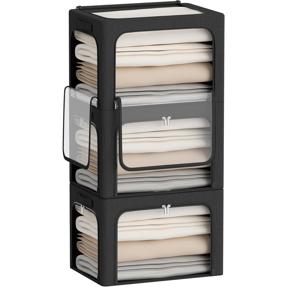 Cutie de Depozitare, Vafy, cu 3 Ferestre cu Fermoar Bidirectional, Cadru din Otel, Impermeabil, 38L, 42 x 30 x 30 cm, Negru
