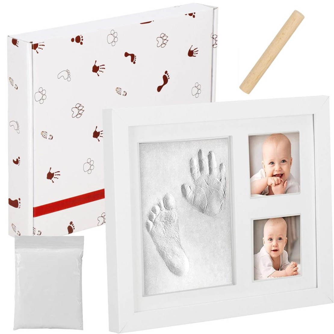 Kit amprenta mulaj manuta sau piciorus bebe si rama foto, 23x28cm, cu cutie de cadou, cadrul alb