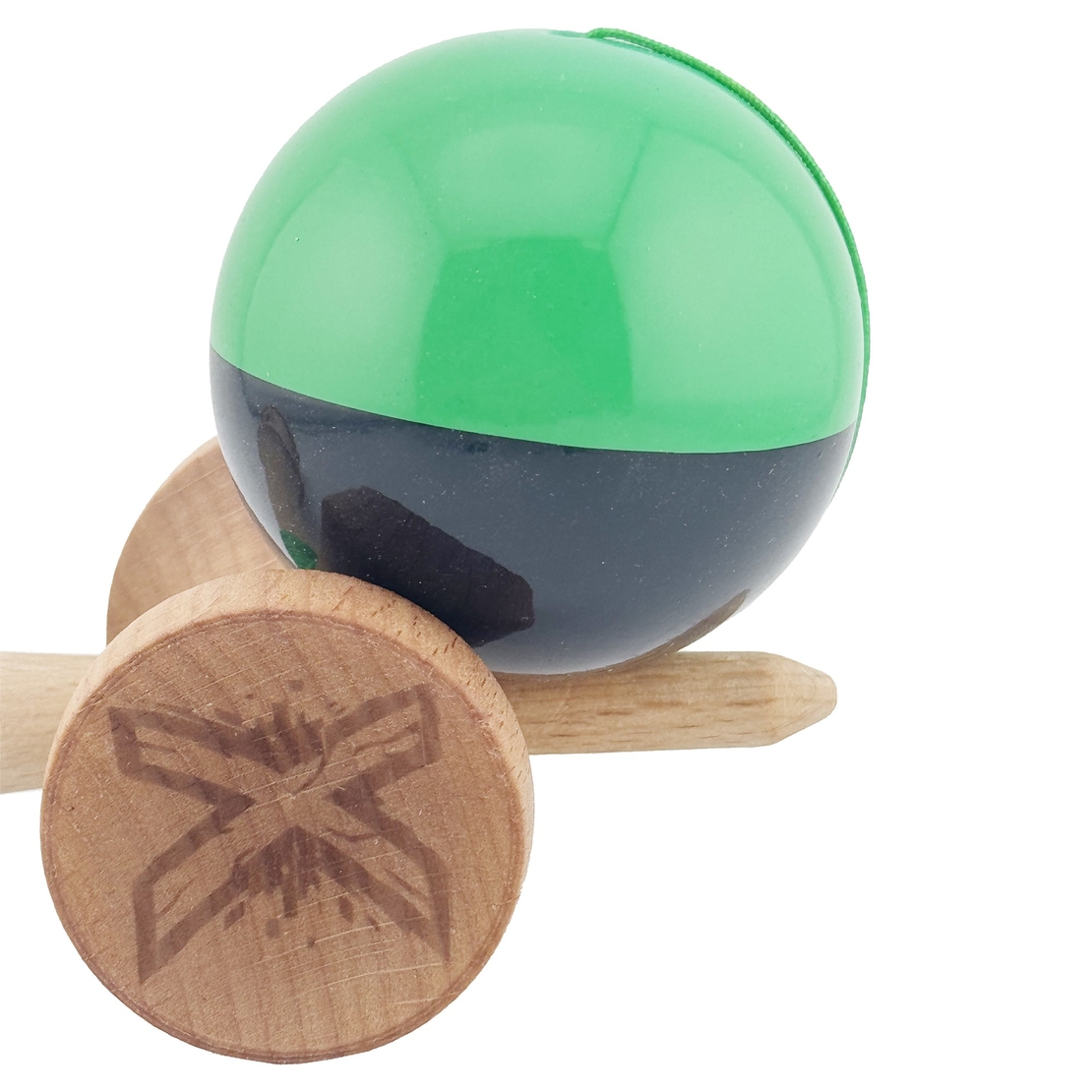 Kendama X Originala, Profesionala, Flippy, Big Cups V2, Super Sticky cu Cupe Mari, Rulment Metalic, din lemn 18 cm, Ata 55 cm, Verde/Negru