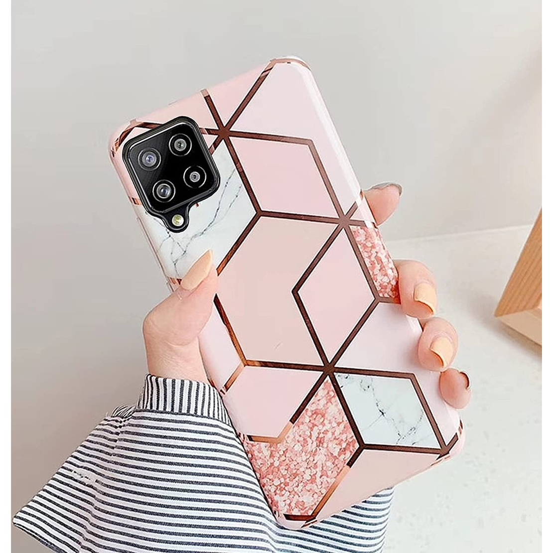 Husa protectie Vafy compatibila cu Samsung Galaxy A12 Soft IMD TPU Marble Geometric Alb