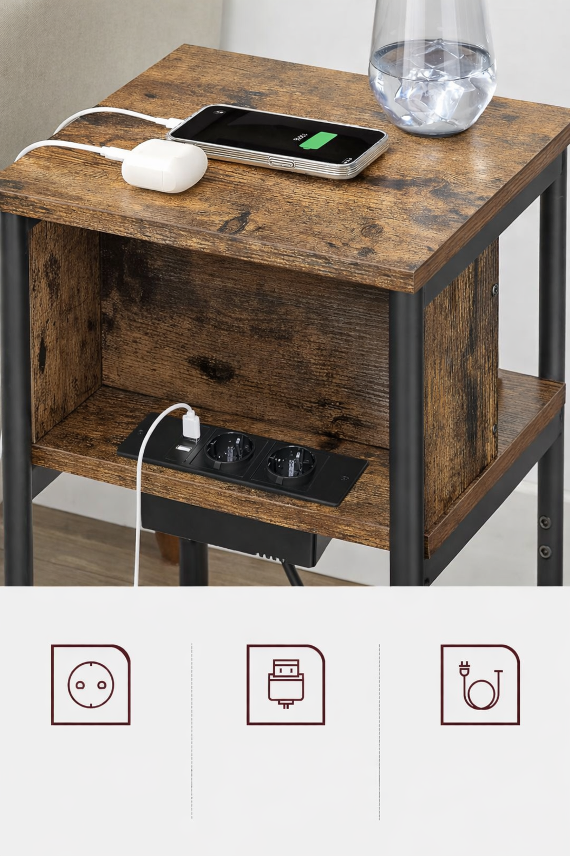 VASAGLE Noptiera cu prize si USB, 3 rafturi, stil industrial, 30x34x58 cm, maro rustic