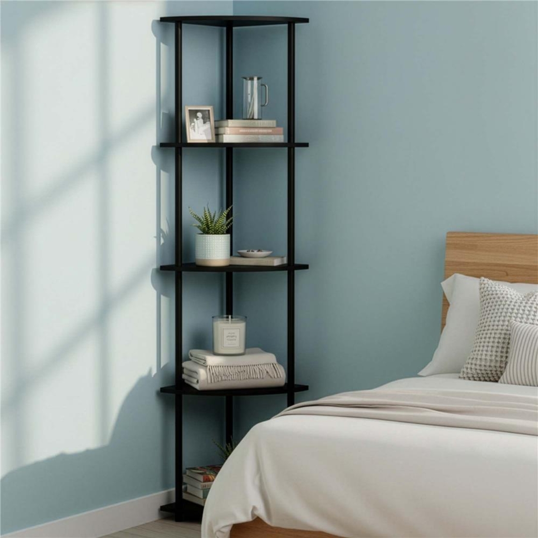 Raft de colt cu 5 polite, MDF, cadru metalic, 148x30x30 cm, negru