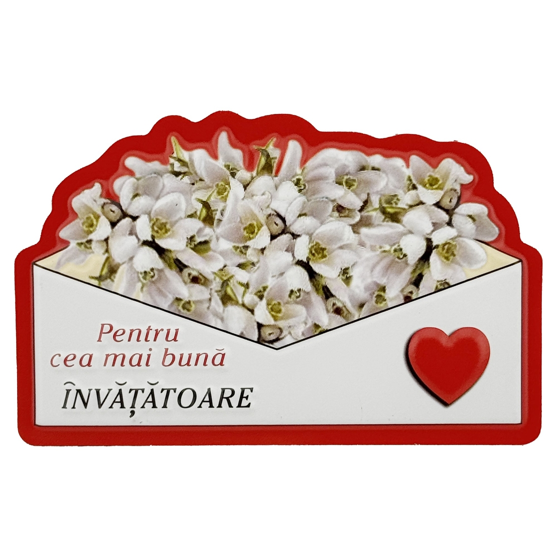 Martisor pentru Invatatoare, Flippy, Set 24 Bucati, Magnet Martisor pentru Frigider, Mesaj pentru Invatatoare, 10 x 6 cm, Alb Rosu