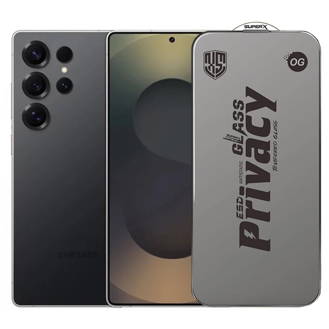 Folie de Protectie pentru Samsung Galaxy S25 Ultra, Vafy, Sticla Securizata ESD Antistatica, Super-X Privacy OG, Margini Negre, 0.30 mm, Transparent Inchis