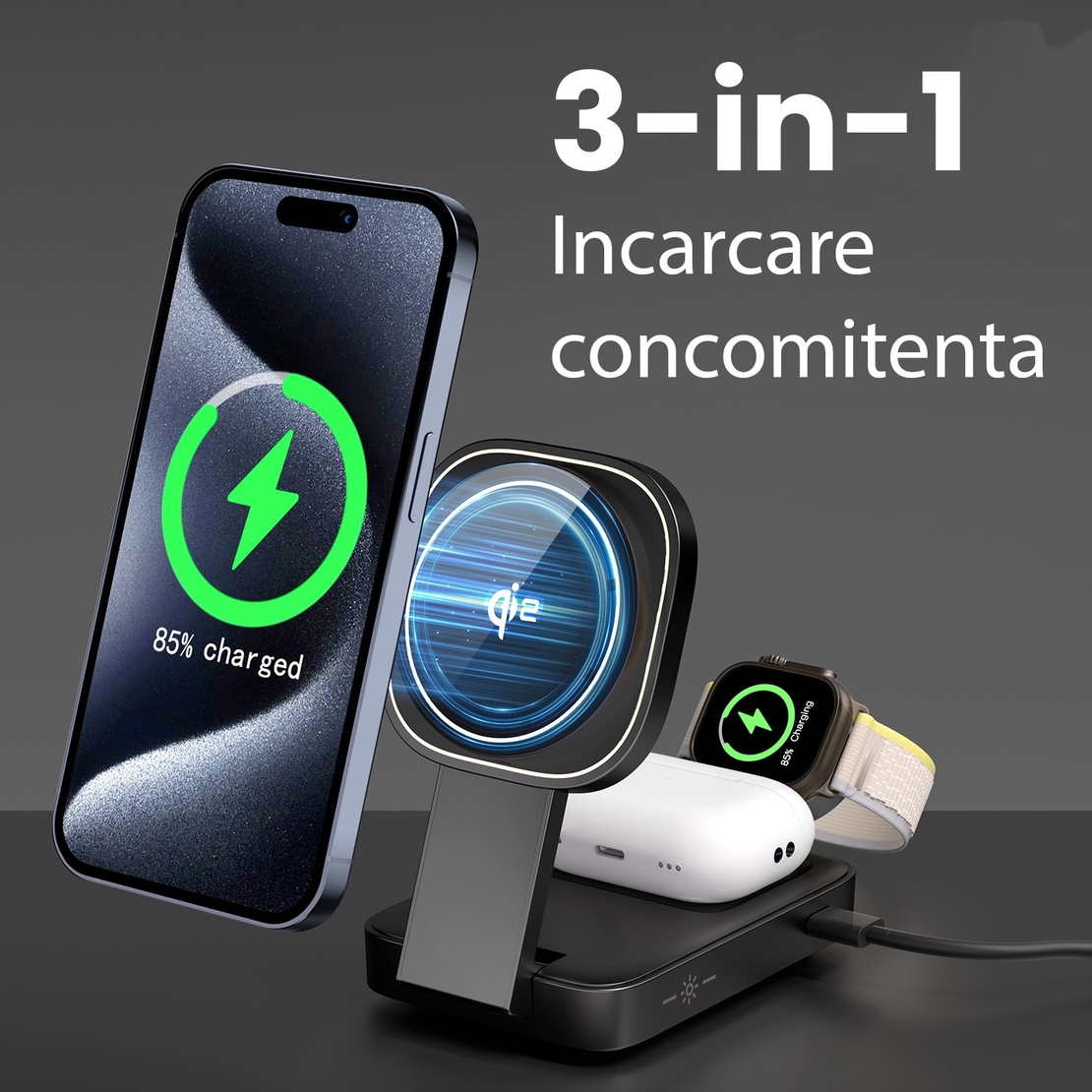 Statie de Incarcare MagSafe 3 in 1, Flippy, Magnetica Wireles Charger, Compatibil cu Apple iPhone, iWatch, AirPods, New Design, Max 23W, 11 x 6.5 x 2.9 cm, Negru