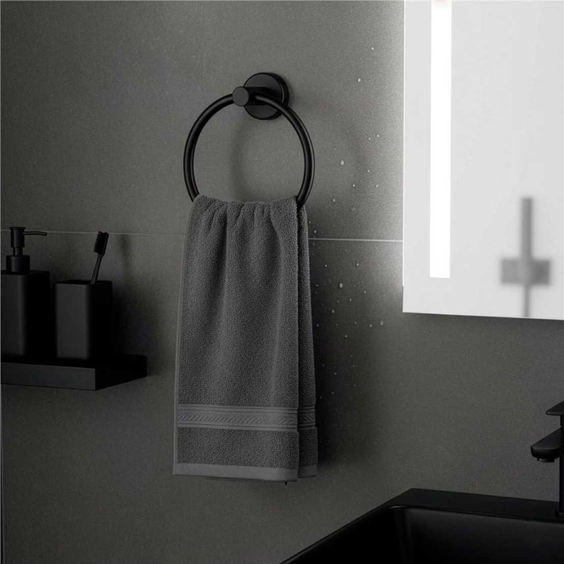Suport metalic tip inel pentru prosop, inox cu finisaj mat, diametru 17 cm, accesorii montaj incluse, negru