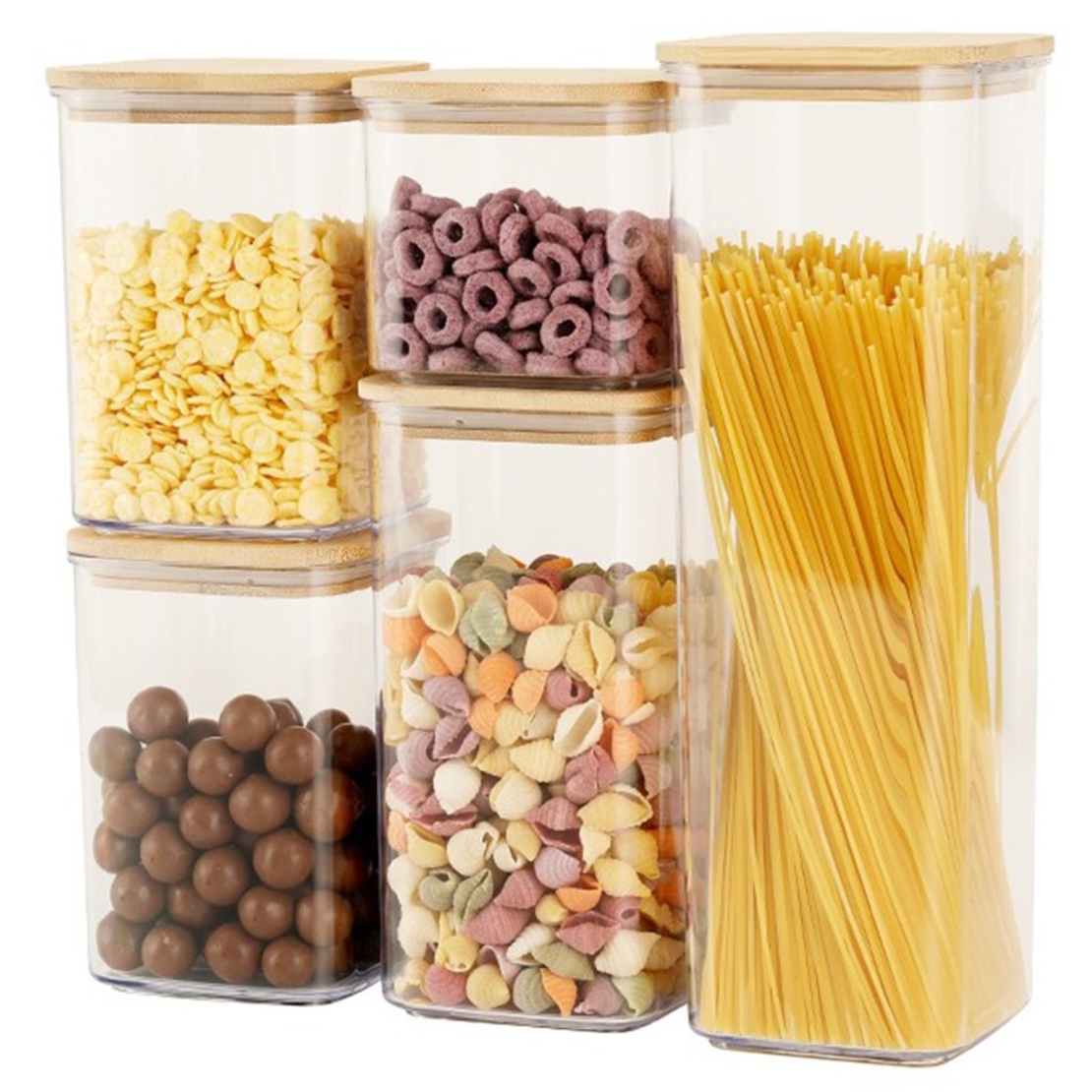 Cutii de Depozitare Alimente, Flippy, Set din 5 Cutii de tip Container, Cutii pentru Cereale, din Plastic, Capac din Bambuc, 1pc 0.5 l. 2pc 0.8 l, 2pc 1.2 l, 1pc 1.9 l, Transparente