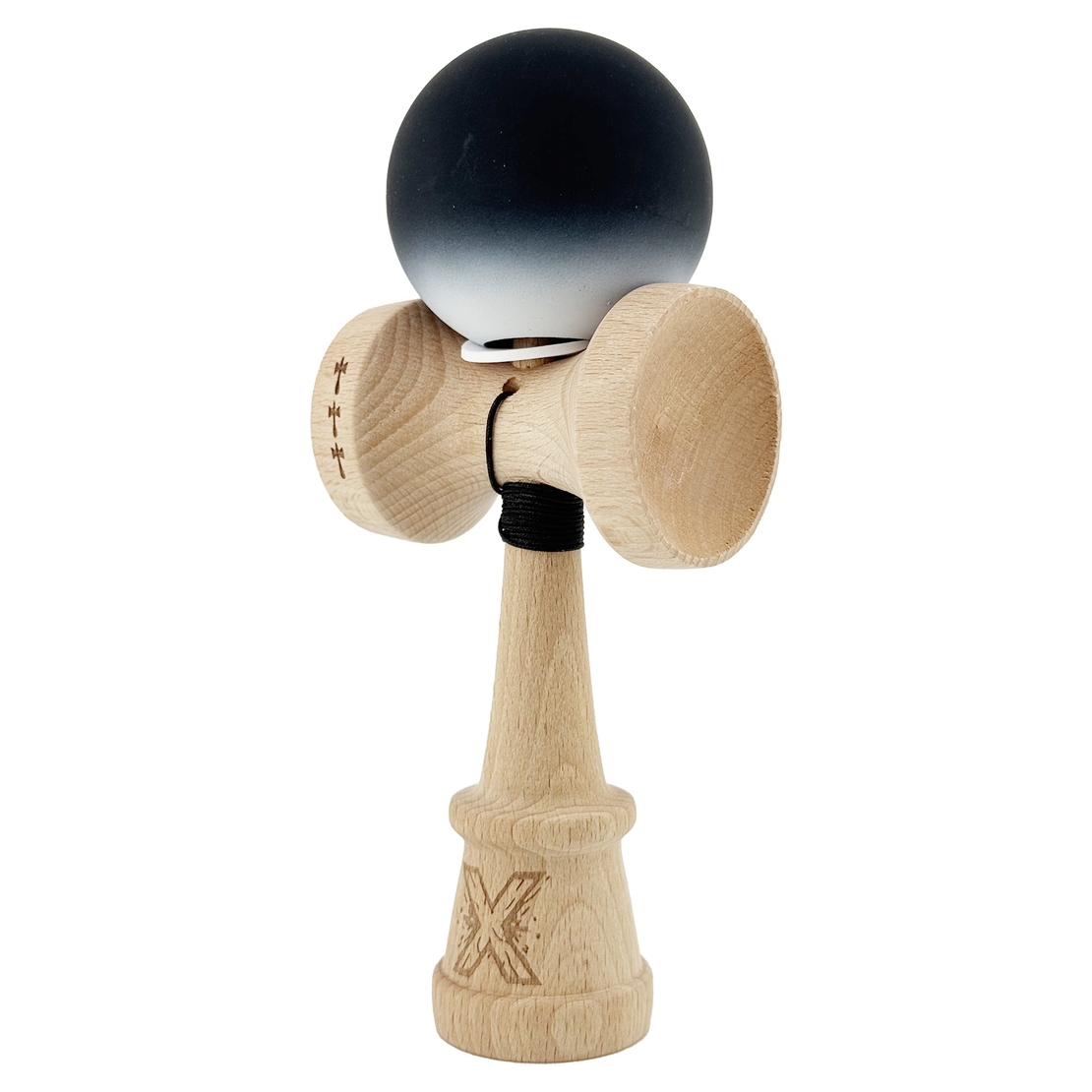 Kendama X Originala, Profesionala, Flippy, Cupe Mari KING SIZE V3, Rubber Grip, Gaura in Baza, Rulment Metalic, din lemn 18 cm, Ata 62/65 cm, Gradient Negru/Alb