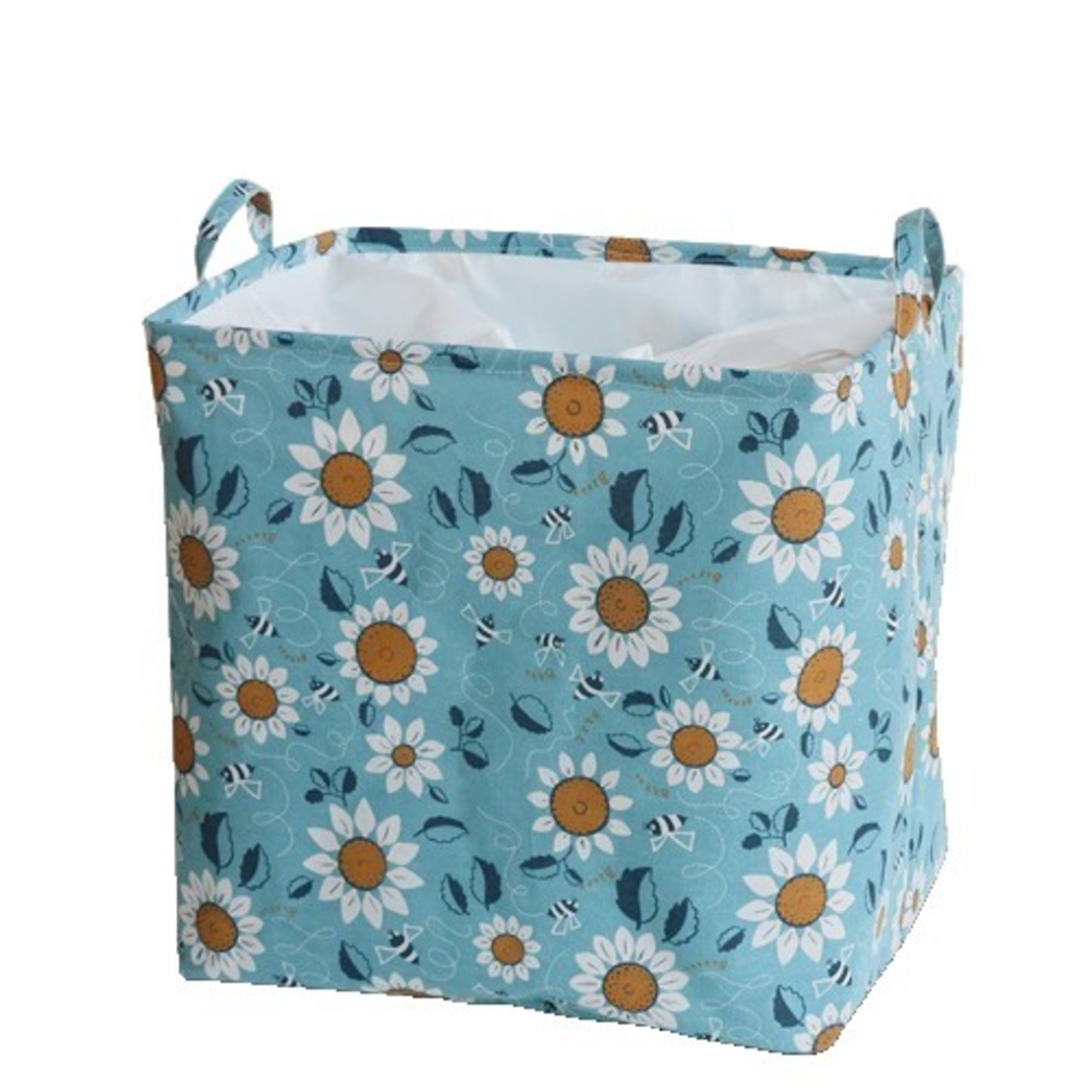 Cos depozitare, Flippy, Capac cu Snur, 175 L, Confectionat din Bumbac si un Strat Impermeabil, 50 x 50 x 70 cm, Albastru Deschis, Imprimeu Flori