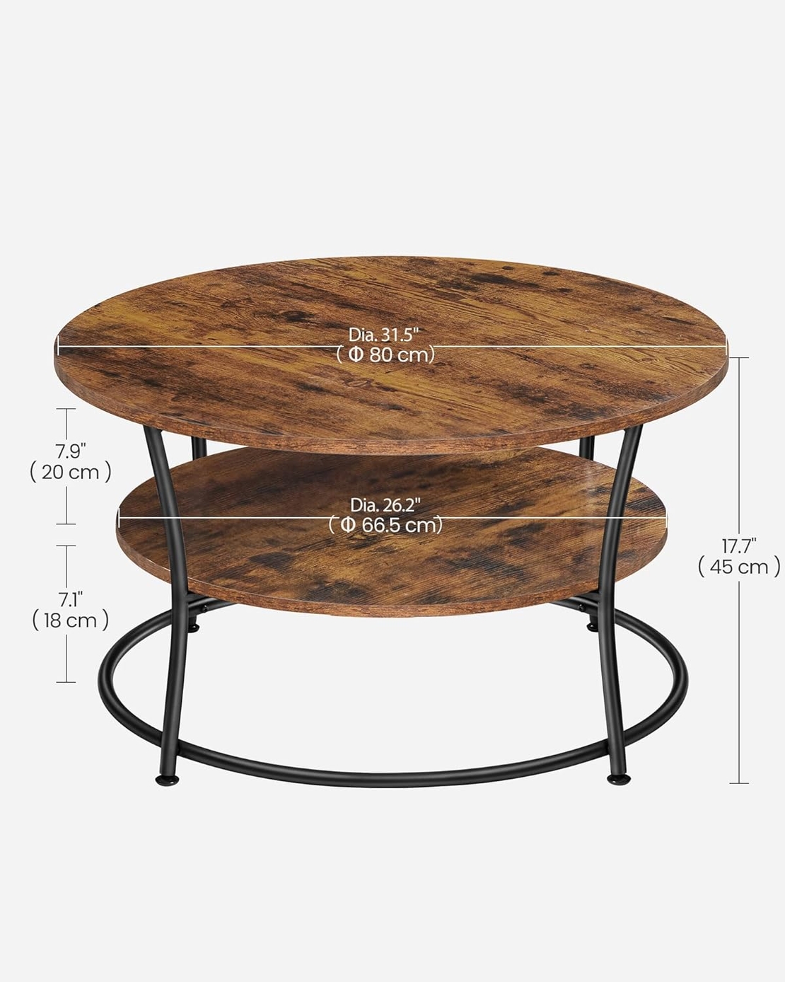 VASAGLE Masuta de cafea rotunda cu raft, cadru metalic, stil industrial, 80x45 cm, maro rustic