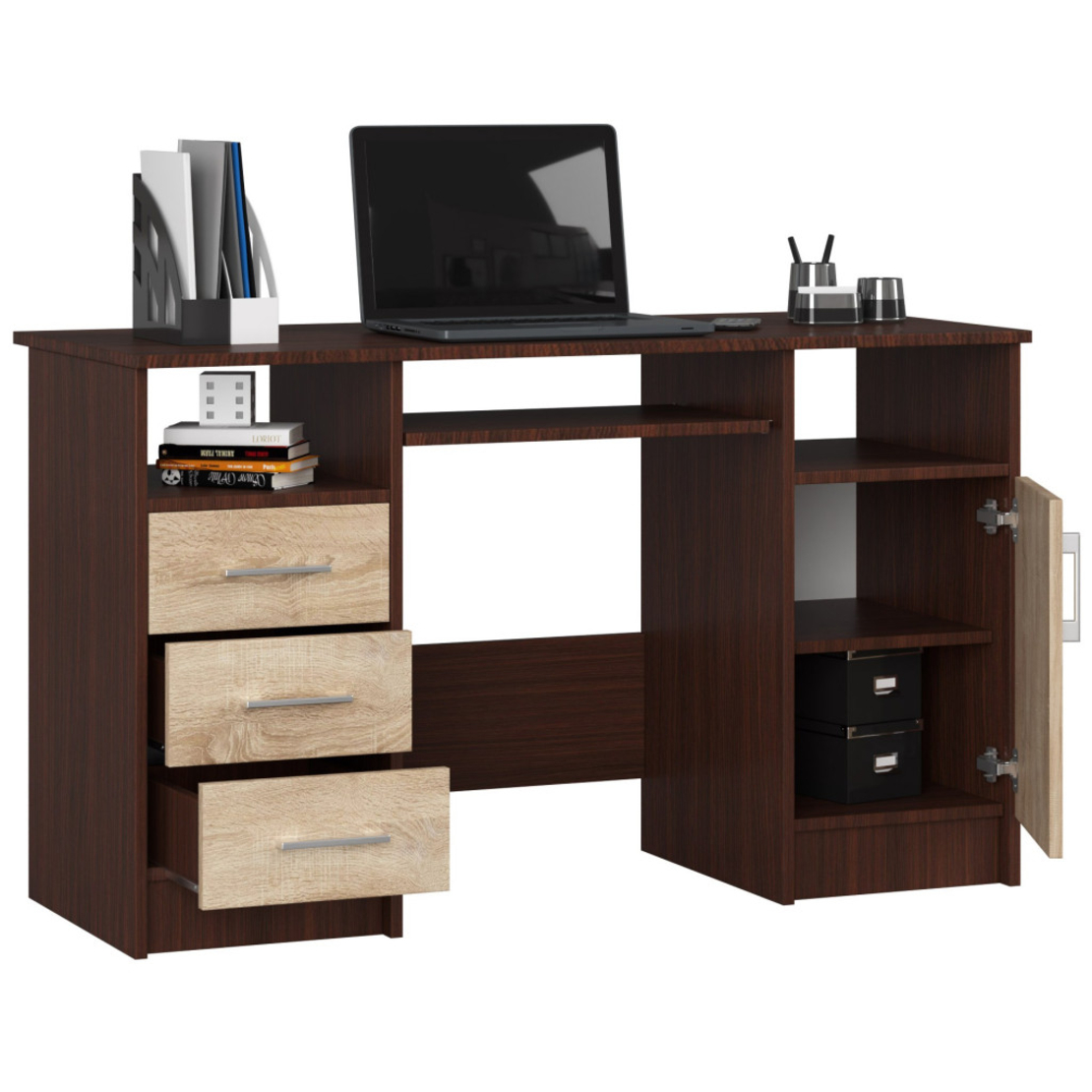 Birou ANA pentru calculator, cu 3 sertare si 1 usa, 124x52x74 cm, maro wenge si stejar sonoma