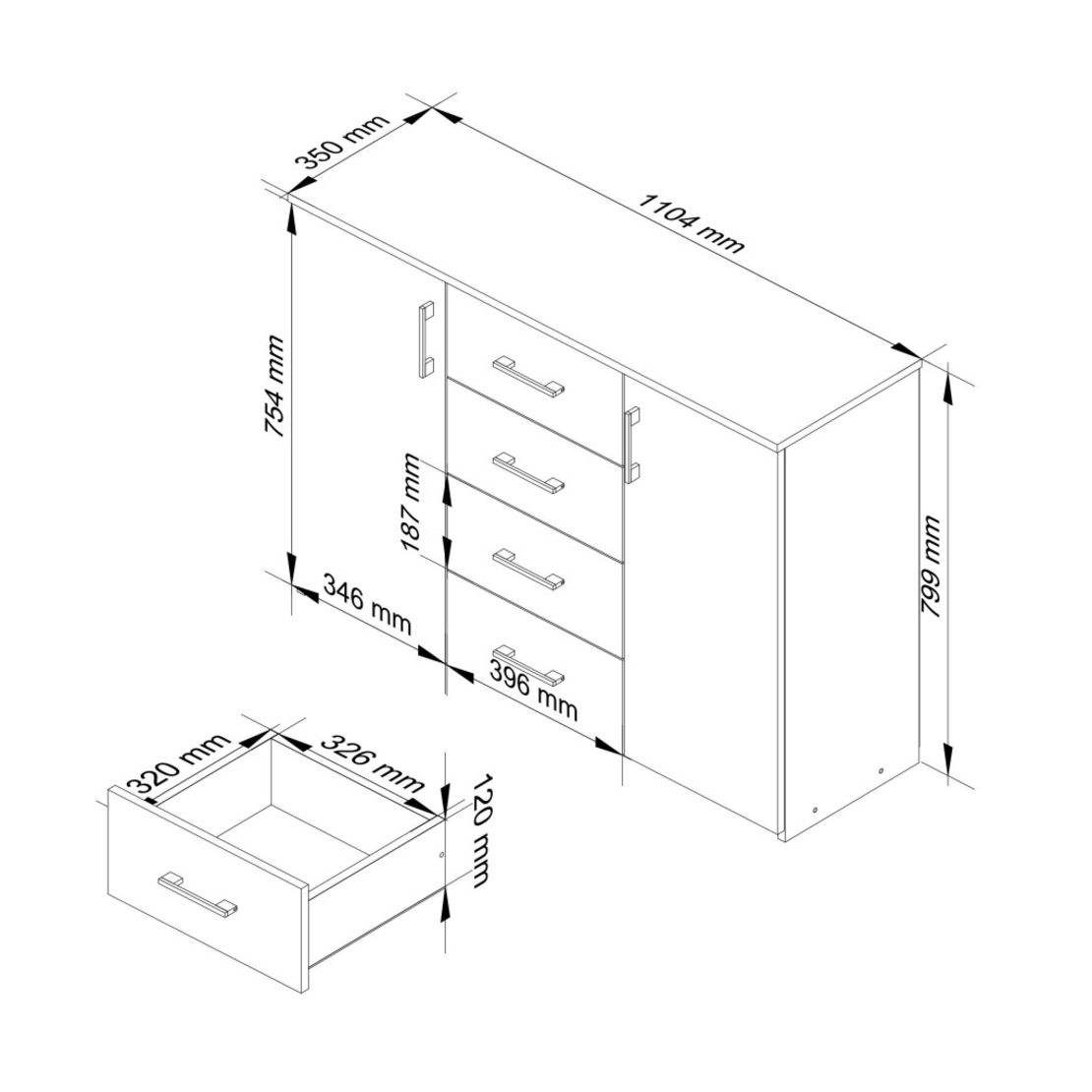 Comoda cu 4 sertare si 2 usi, PAL laminat, 110x35x80 cm, stejar sonoma
