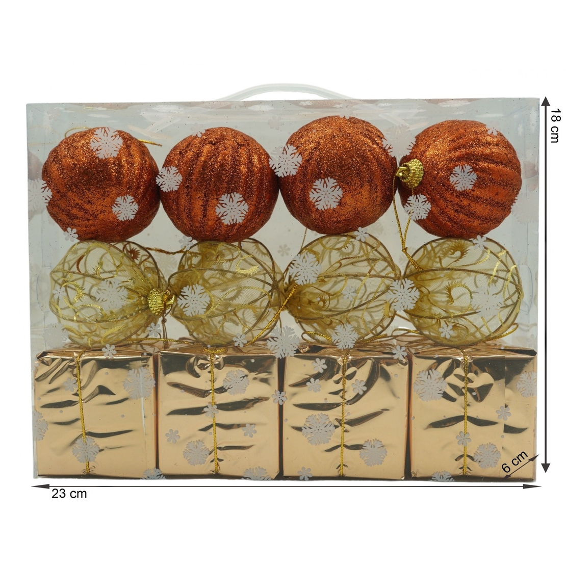 Set de 12 ornamente de brad, Flippy, de tip Glob, Cupru/ Auriu, din polistiren, cu finisaj sclipitor , cutie 6 cm adancime x 23 cm lungime x 18 cm inaltime