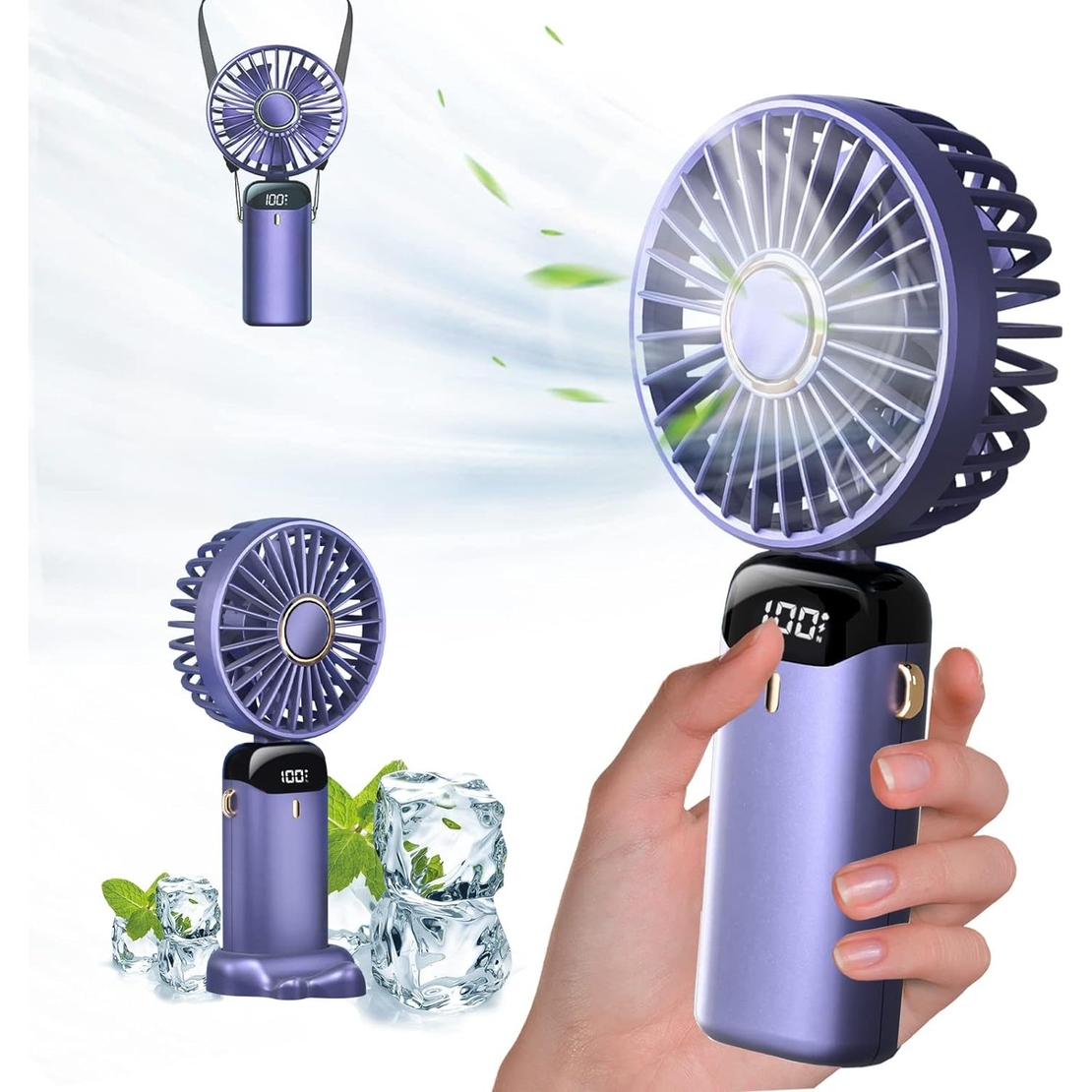 Ventilator Ultra Portabil cu Aromaterapie, Vafy, 3 in 1, de Mana, de Birou, de Gat, 5 Trepte de Viteza, Incarcare USB, Autonomie 12h, Pliabil, cu Ecran LCD, Mov