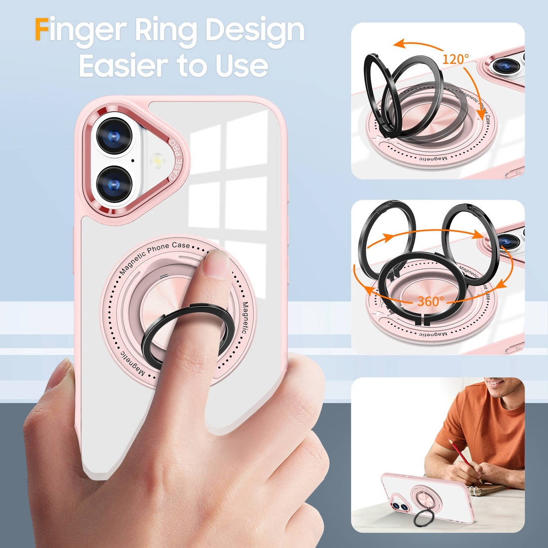 Husa de Protectie TPU, Vafy, pentru iPhone 16, Anticadere, cu Incarcare Wireless, Tehnologie Magsafe, Inel Magnetic Rotativ cu Functie de Suport, Transparent-Roz