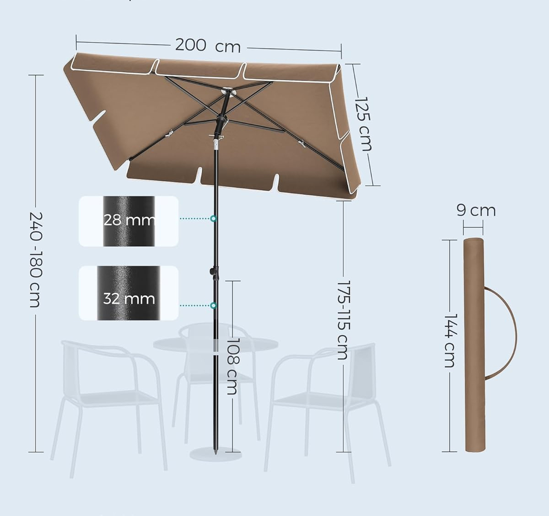 SONGMICS Umbrela terasa gradina sau plaja, cu inclinare 2 directii, protectie UV UPF 50+, husa inclusa, 200x125cm, maro taupe