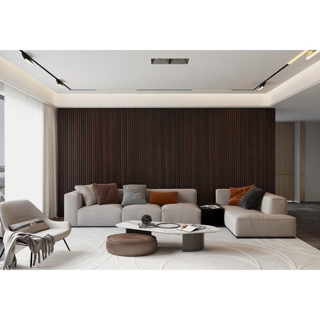 Riflaj MDF decorativ LDA PREMIUM de tip Panou Acustic, Stejar Maro inchis, 260x40 cm