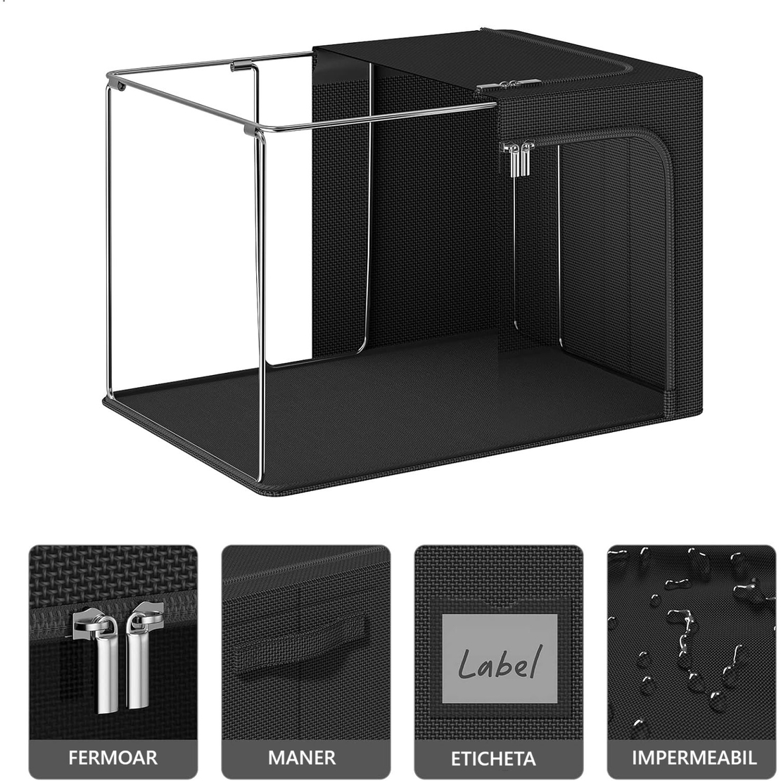 Cutie de Depozitare, Vafy, cu 3 Ferestre cu Fermoar Bidirectional, Cadru din Otel, Impermeabil, 38L, 42 x 30 x 30 cm, Negru