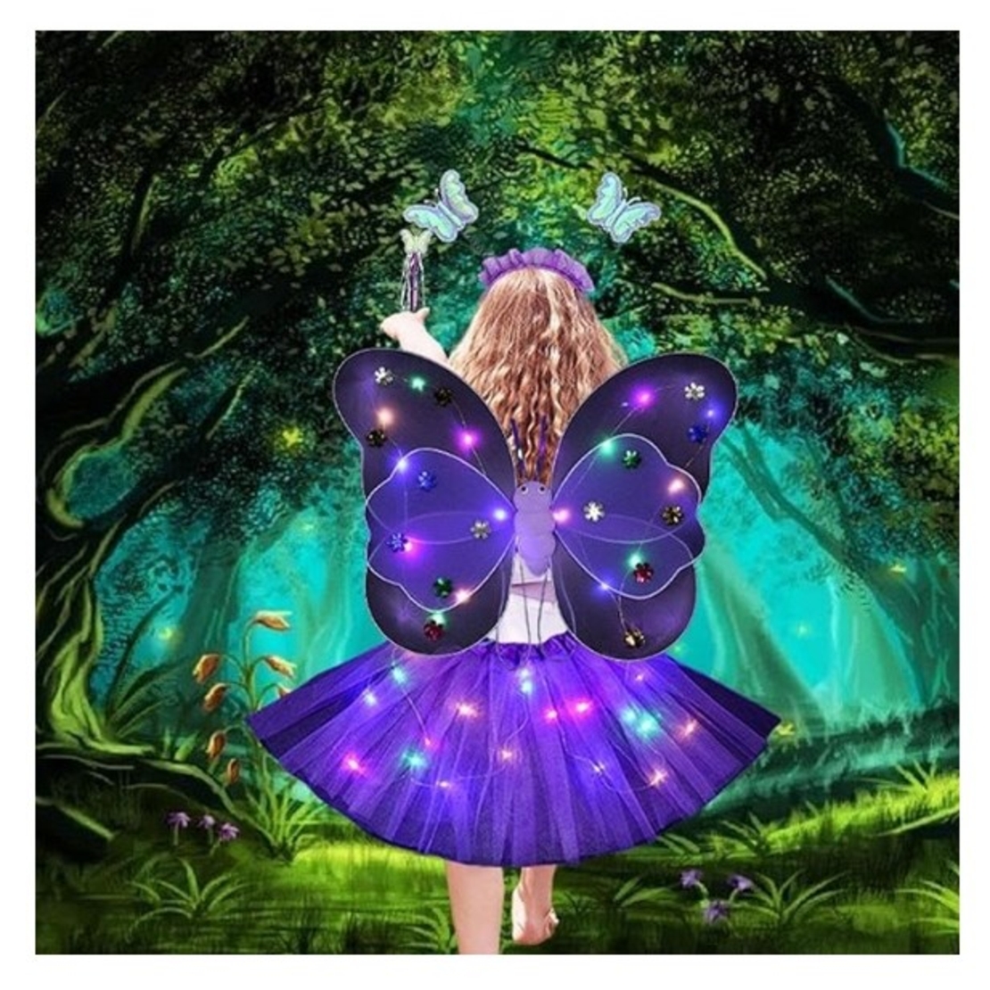 Costum Fluturas cu Aripi Modelabile Luminoase pentru Copii, Flippy, Fusta din Tul cu Lumini, Bagheta si Bentita, 4 piese, Pentru Halloween, Roleplay, Craciun, Carnaval, Paste, Ziua Copilului, Bumbac/Poliester, Marime universala, Mov