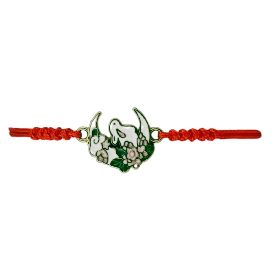 Martisor Bratara pentru Dama si Copii, Jolie, Model Iepuras pe Semiluna cu Flori, Set 12 bucati, Pandantiv Emailat, Snur Reglabil, Rosu/Multicolor