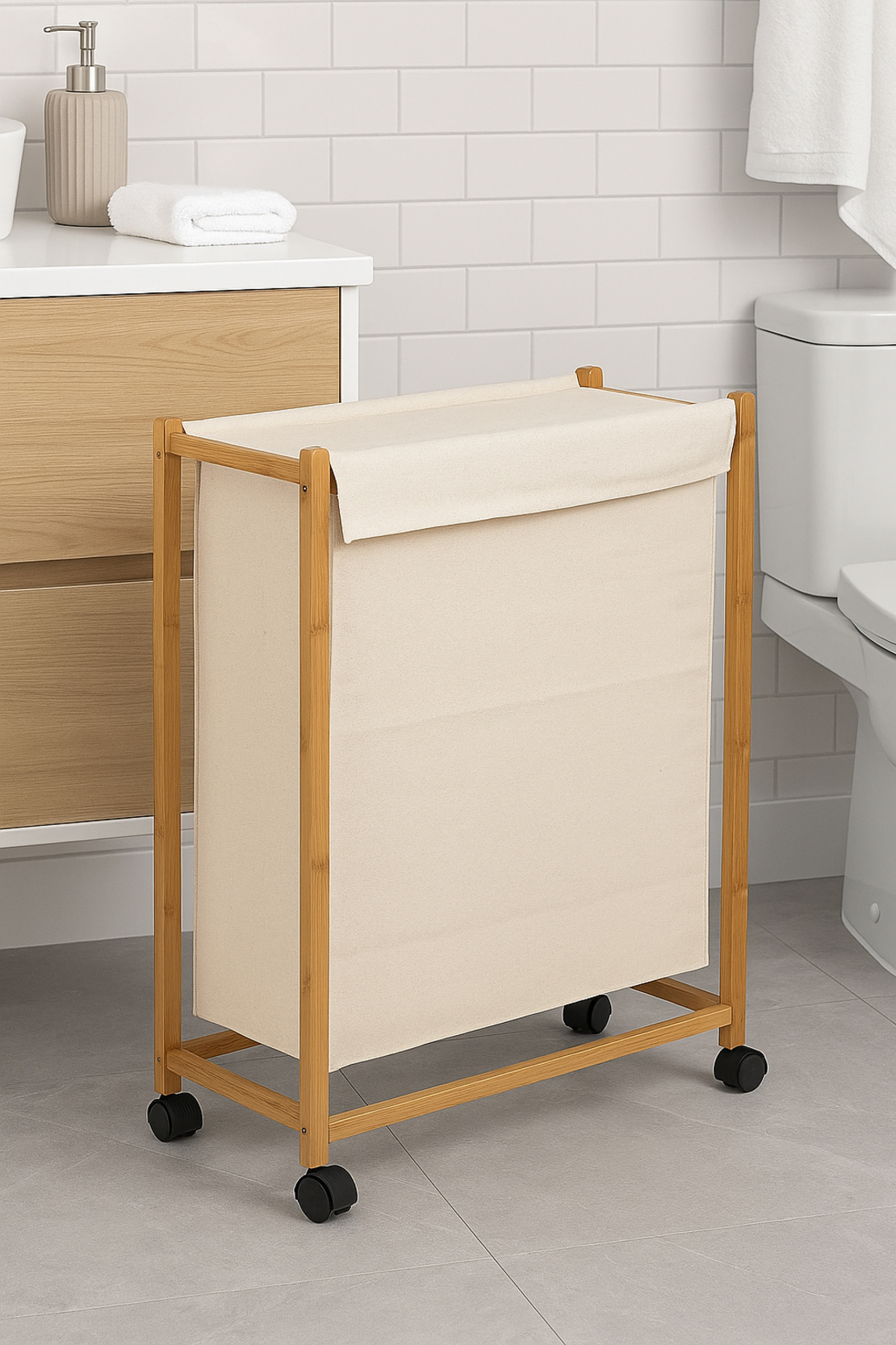 Cos rufe 5Five Bambou pe roti, cadru bambus, 52 litri, 55x28x80 cm, bej