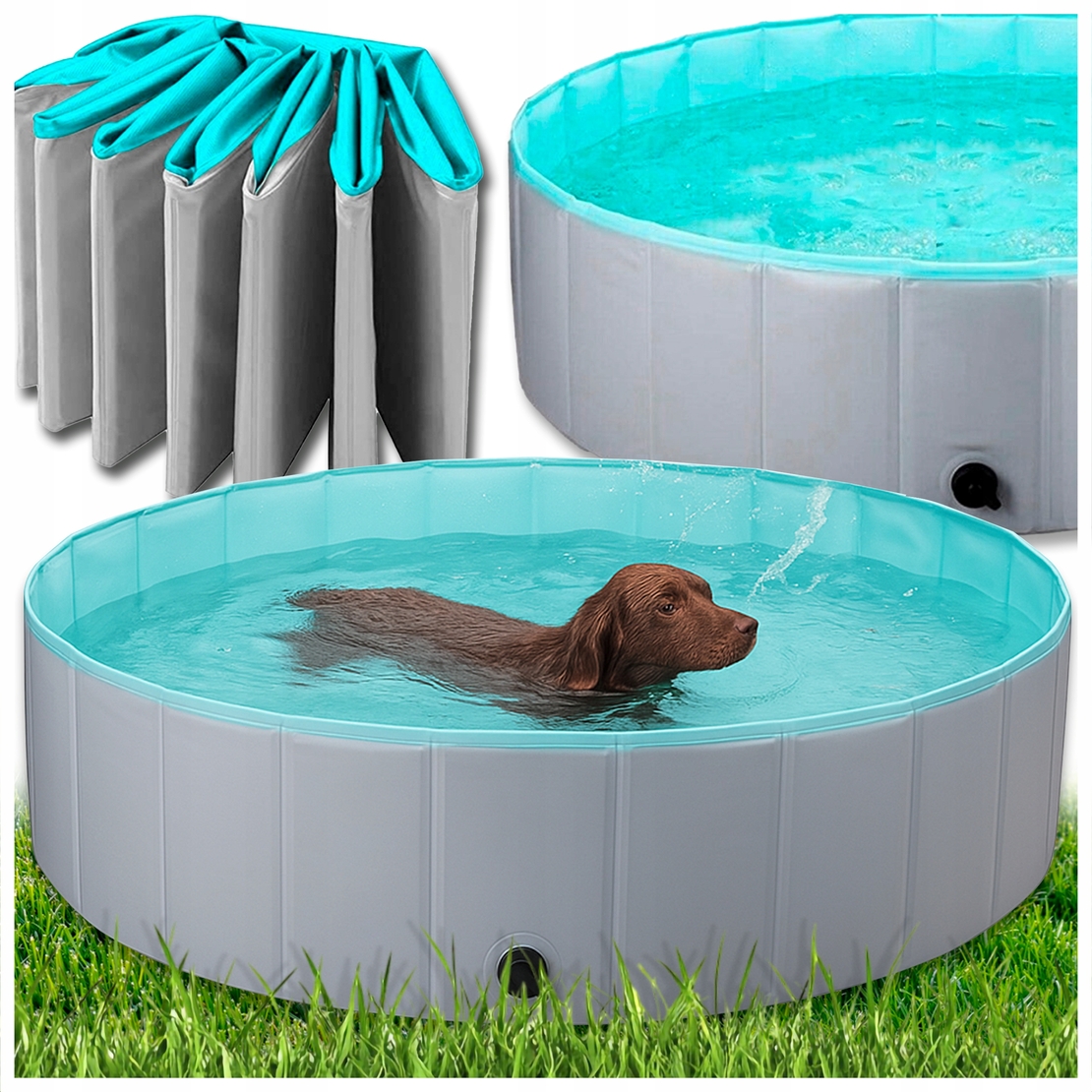 Piscina pliabila pentru caini si copii, pliere rapida, valva de scurgere, 160x30 cm, albastru