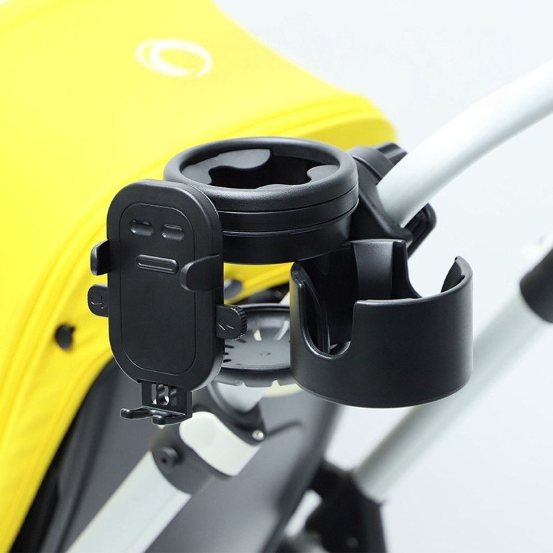Suport Universal 3in1, Flippy, pentru Carucior, Biciclete, Masina, din ABS, 1 Suport Telefon si 2 Suporturi Pahare, Rotire 360°, Negru