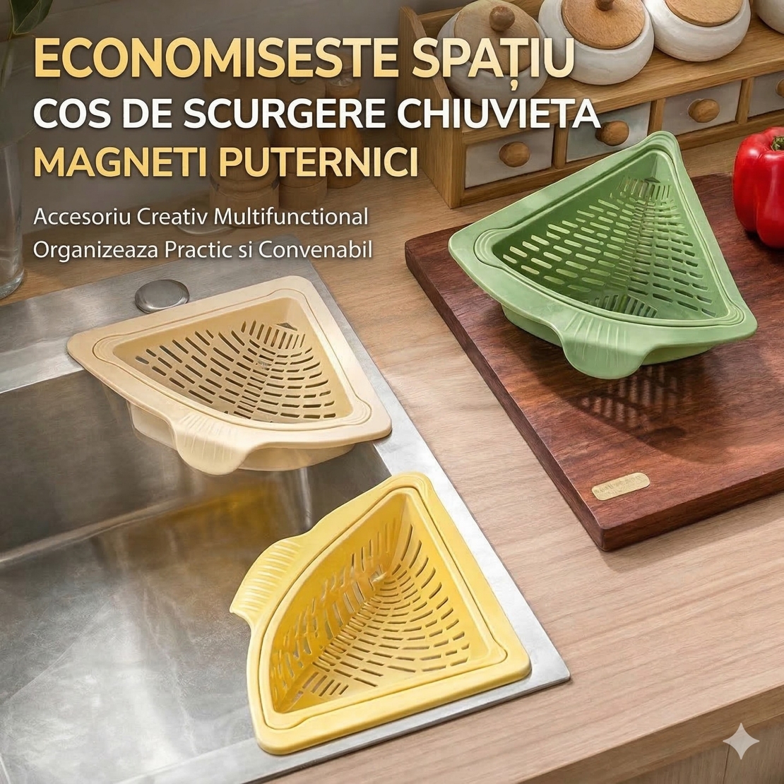 Cos Scurgere Chiuveta, Vafy, Strecuratoare Triunghiulara pentru Bucatarie, Suport Depozitare, Cos Perforat, Clatire cu Jet de Apa, 23 x 9.5x 6 cm, Verde