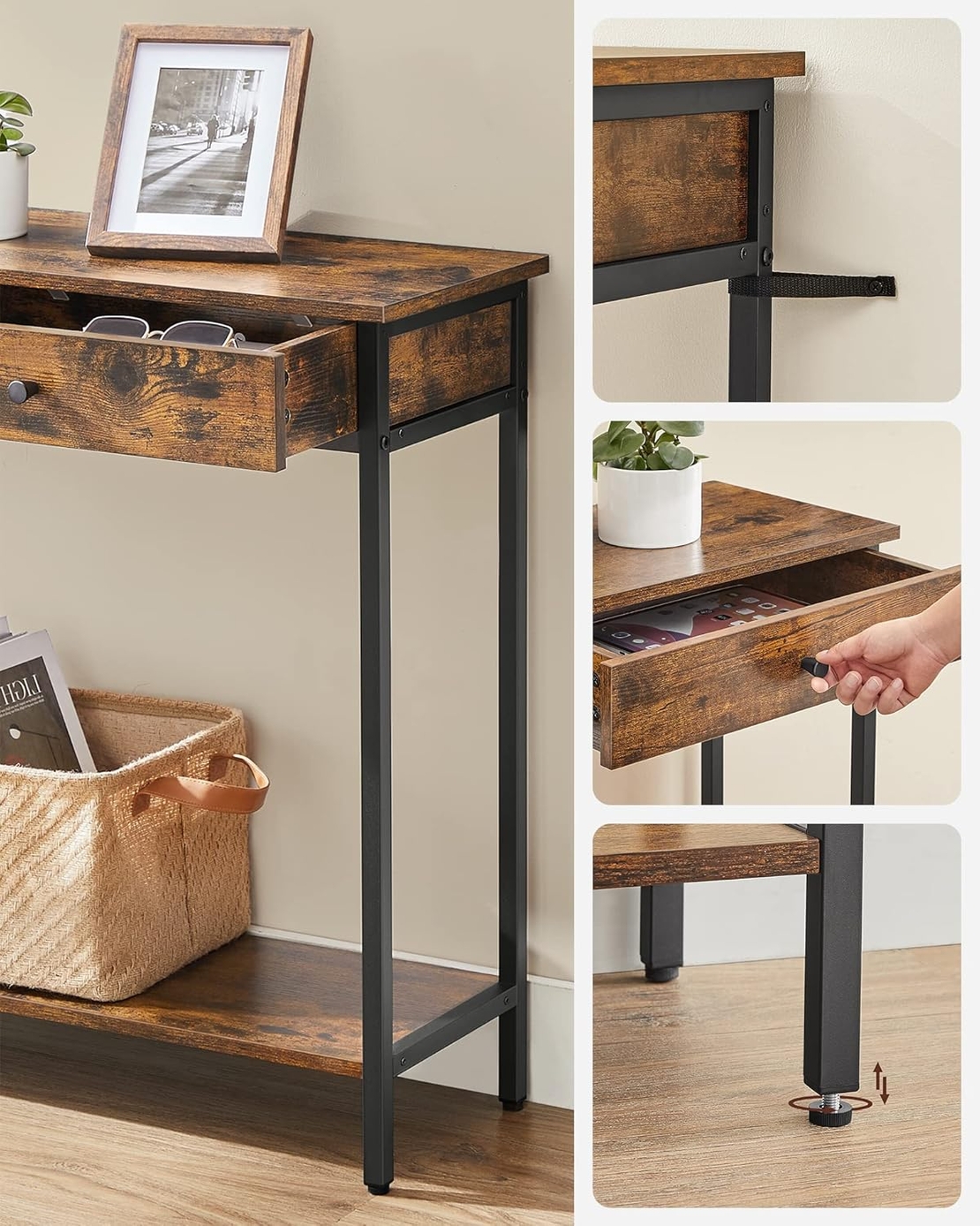 VASAGLE Masa consola pentru hol cu 2 sertare, stil industrial, PAL si cadru metalic, 100x30x80 cm, maro rustic