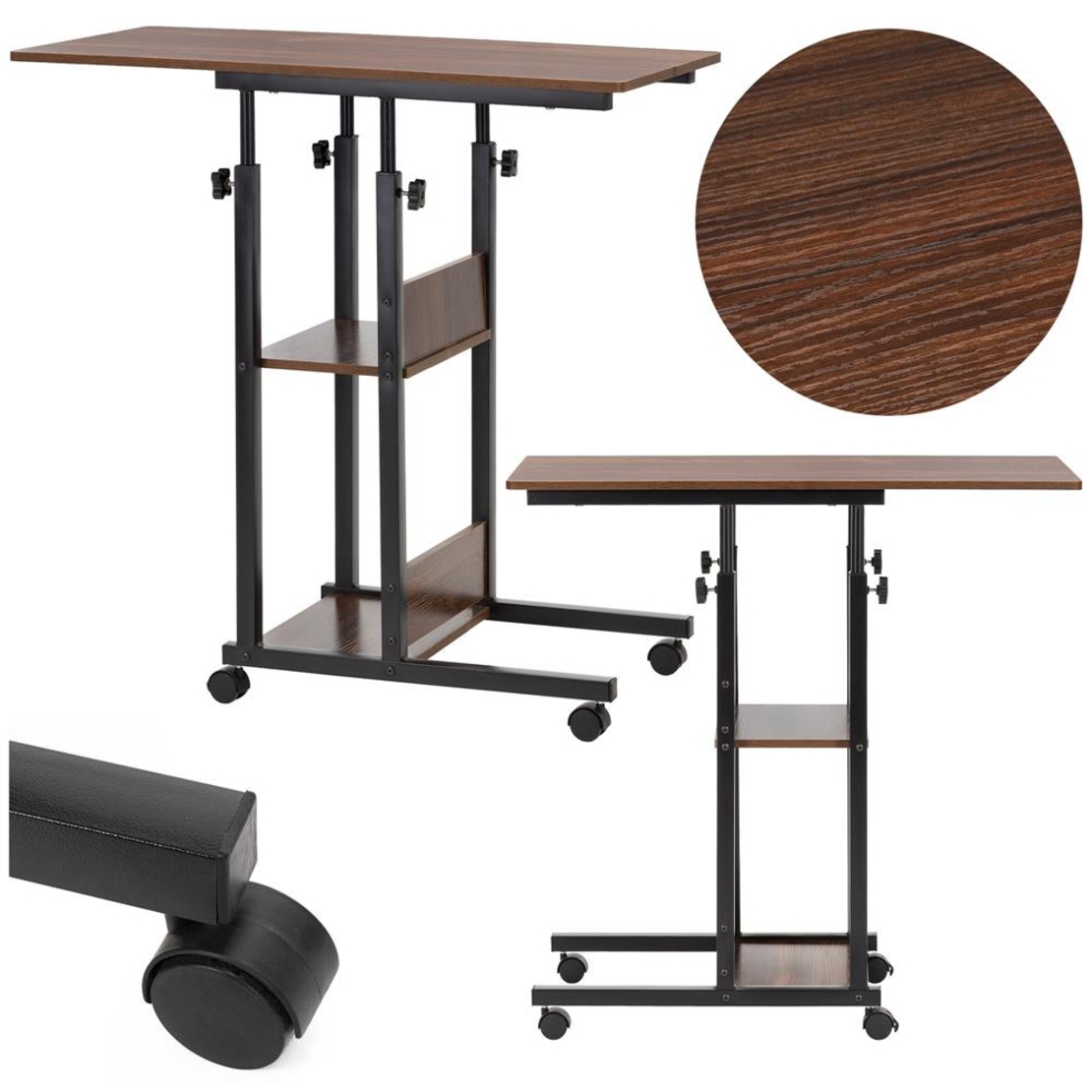 Birou reglabil pe inaltime cu rafturi si roti, blat din lemn si structura metalica, 80x40x76-86 cm, maro inchis